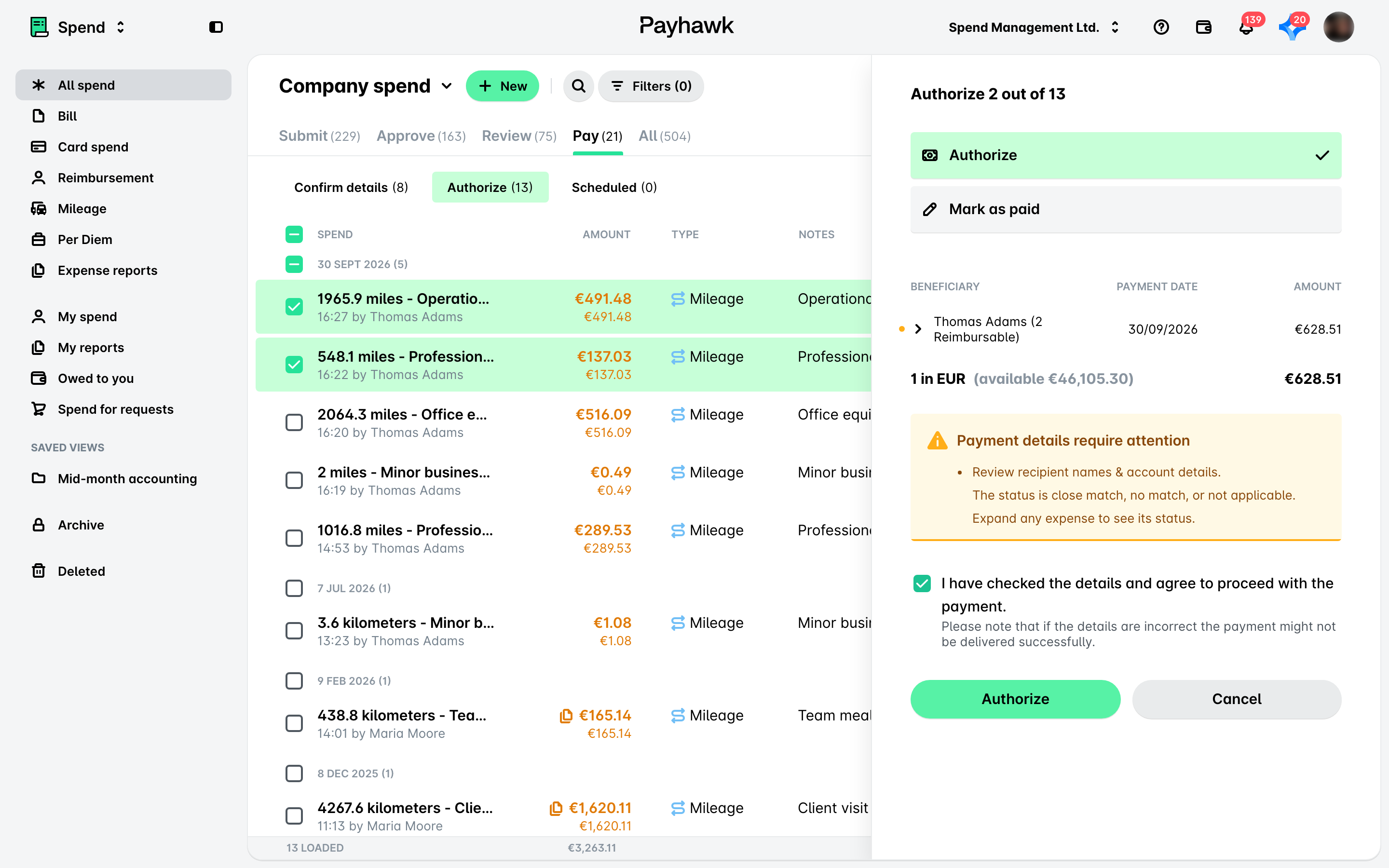 Pay section on the Authorize tab with two expenses selected and the Authorize 2 out of 13 panel showing the total, the available balance and the Authorize button. Expenses that are part of an expense report show the report icon next to their amount.
