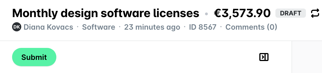 The header of a draft recurring request with the recurring icon next to its status, and the Submit button.
