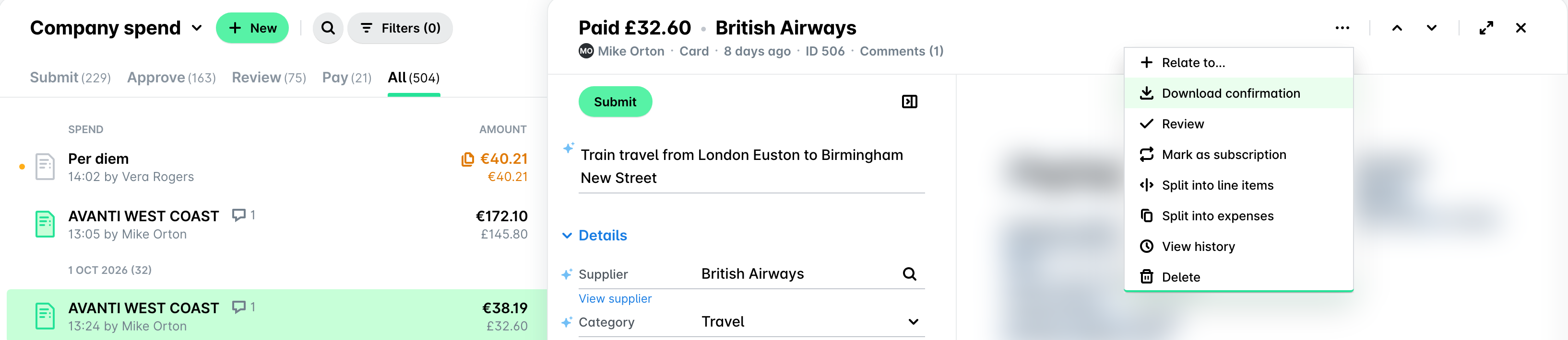 Spend All tab with a paid card expense open in a side panel and its three-dot menu showing Download confirmation. Expenses that are part of an expense report show the report icon next to their amount.