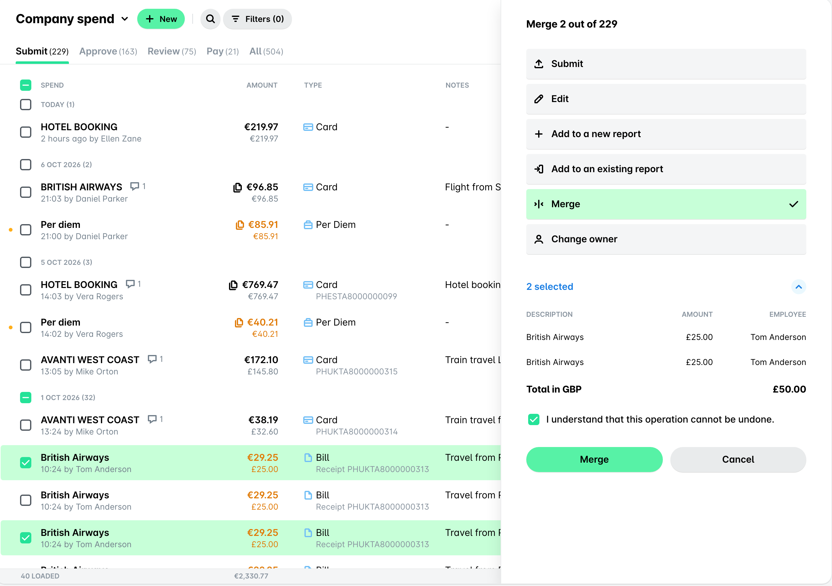 Company spend list on the Submit tab with two bills selected and the Merge panel open on the right, with the cannot-be-undone confirmation ticked. Expenses that are part of an expense report show the report icon next to their amount.
