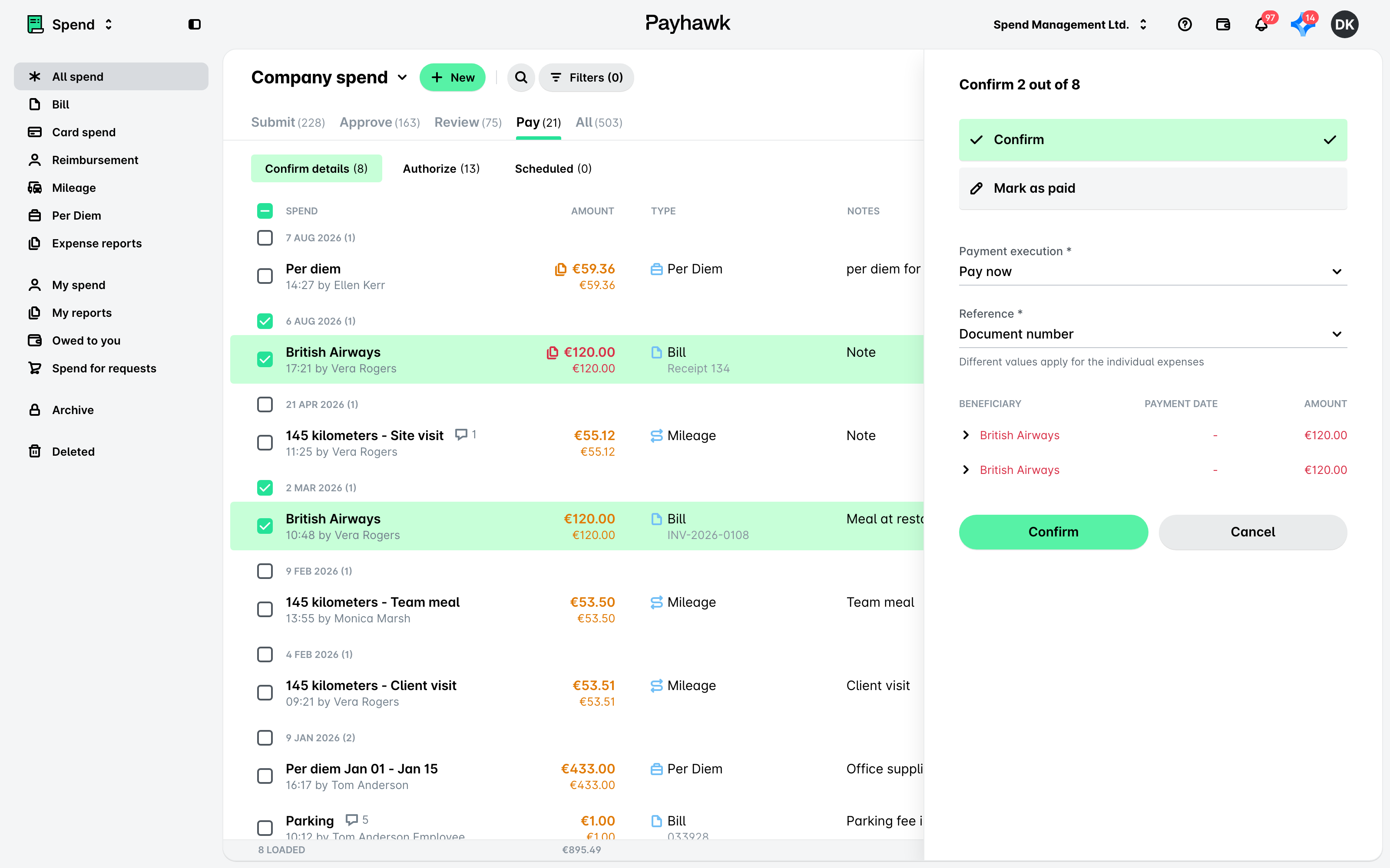 Payhawk Spend on the Pay > Confirm details tab with two bills selected and the bulk confirmation panel open. Expenses that are part of an expense report show the report icon next to their amount.