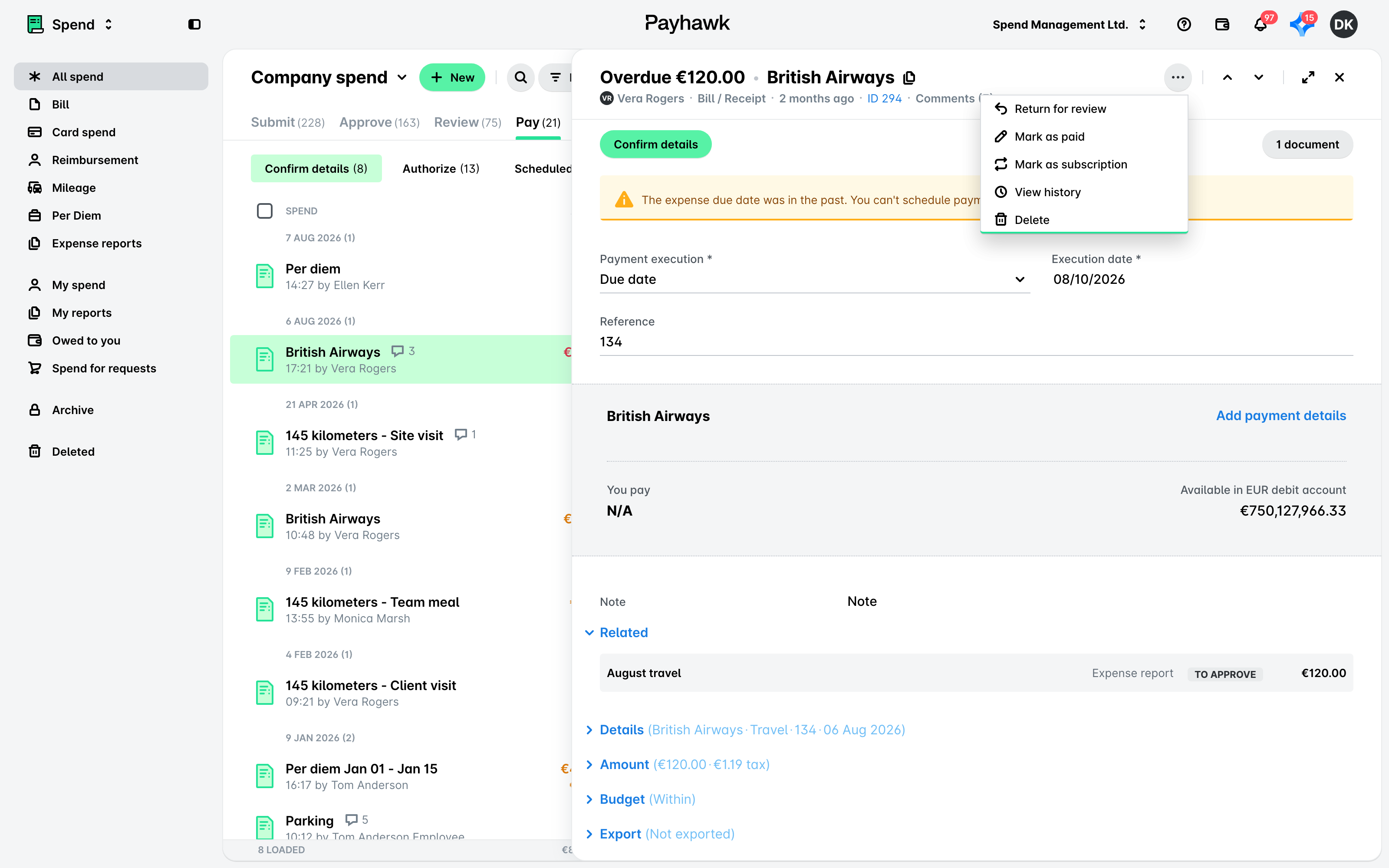 Bill open in Payhawk Spend with its three-dot menu expanded and View history among the options. The expense is part of an expense report, so the report icon shows next to its title.
