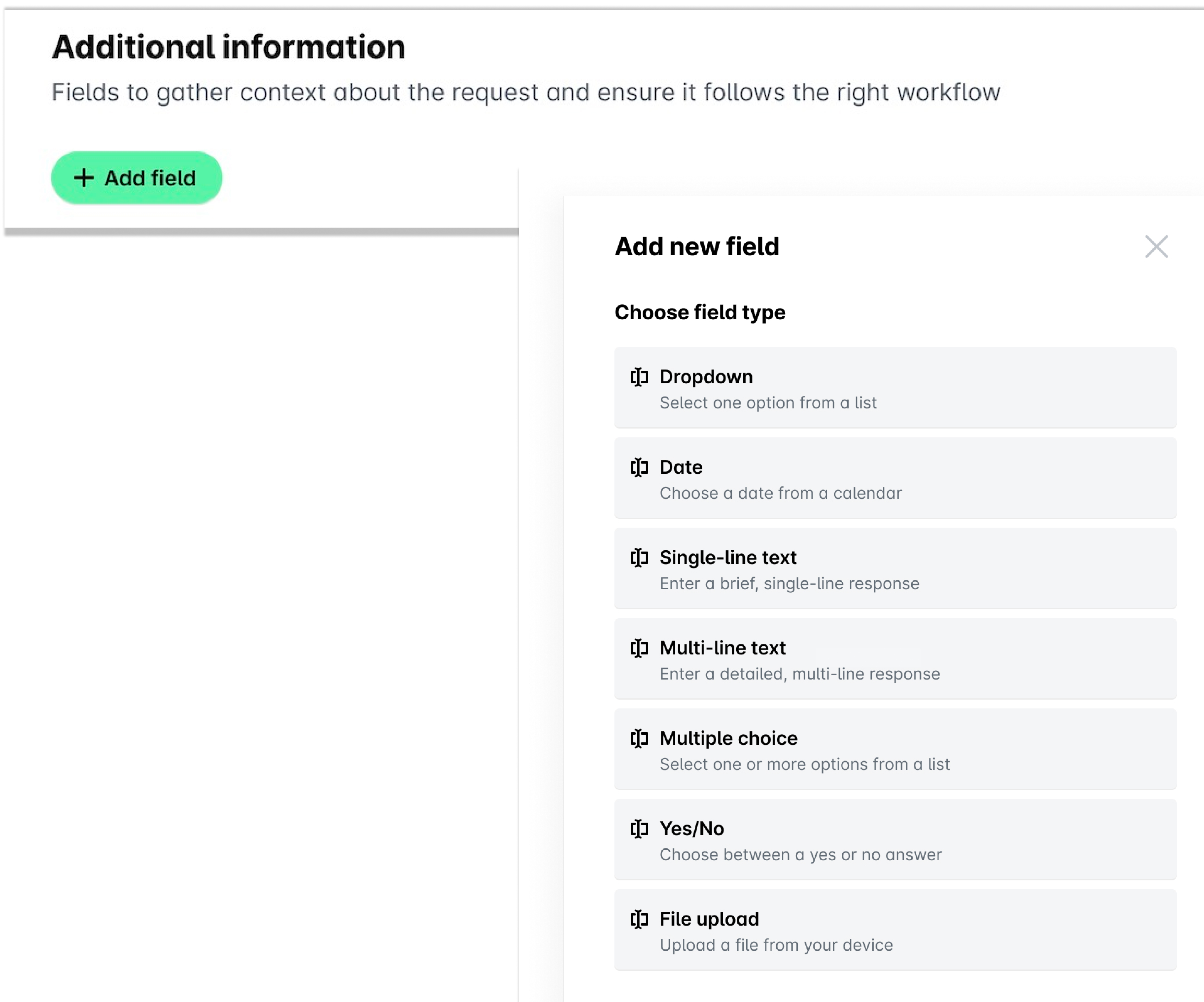 Options for adding new fields in a form, including dropdowns and text inputs.