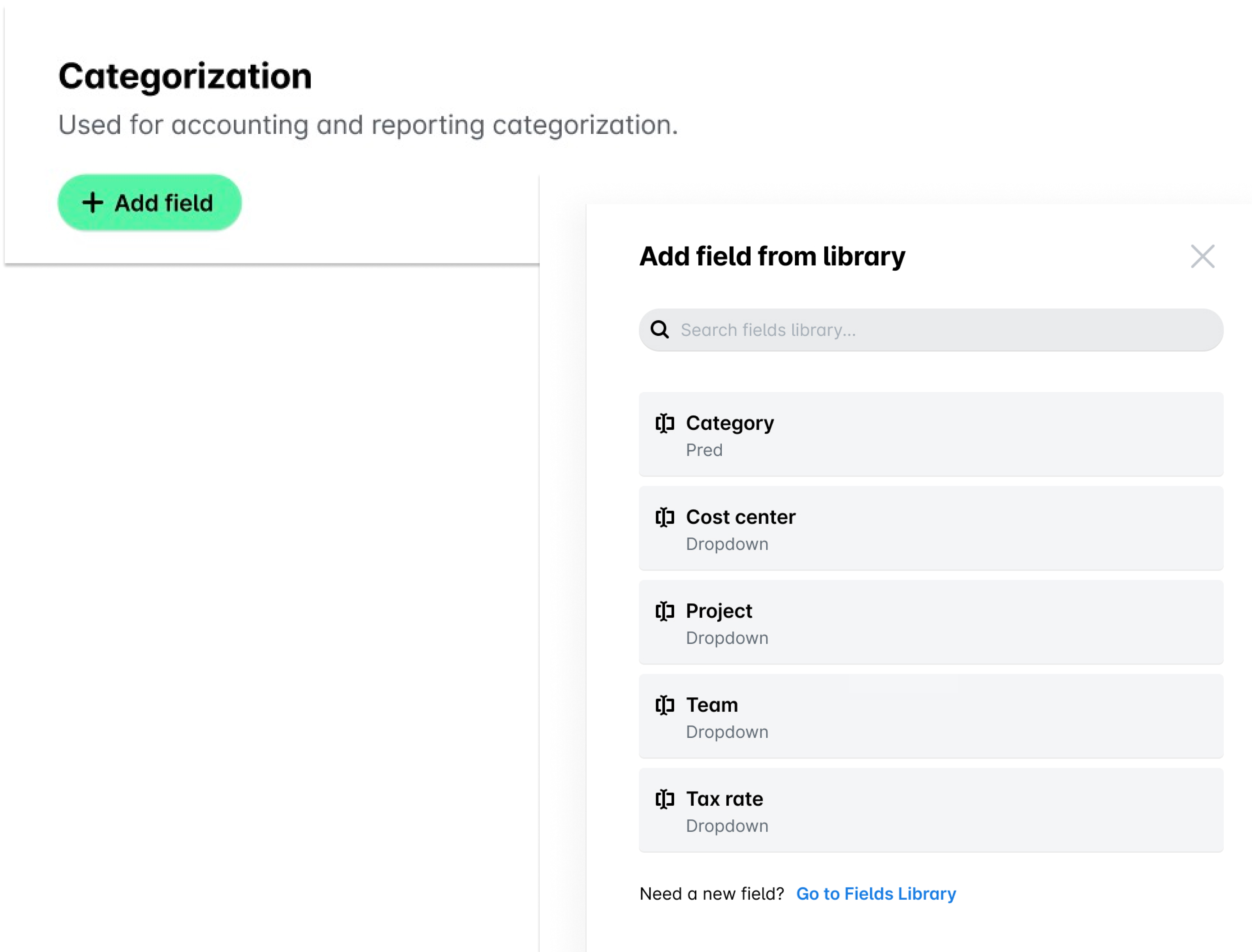Interface for adding fields in accounting categorization with various dropdown options.