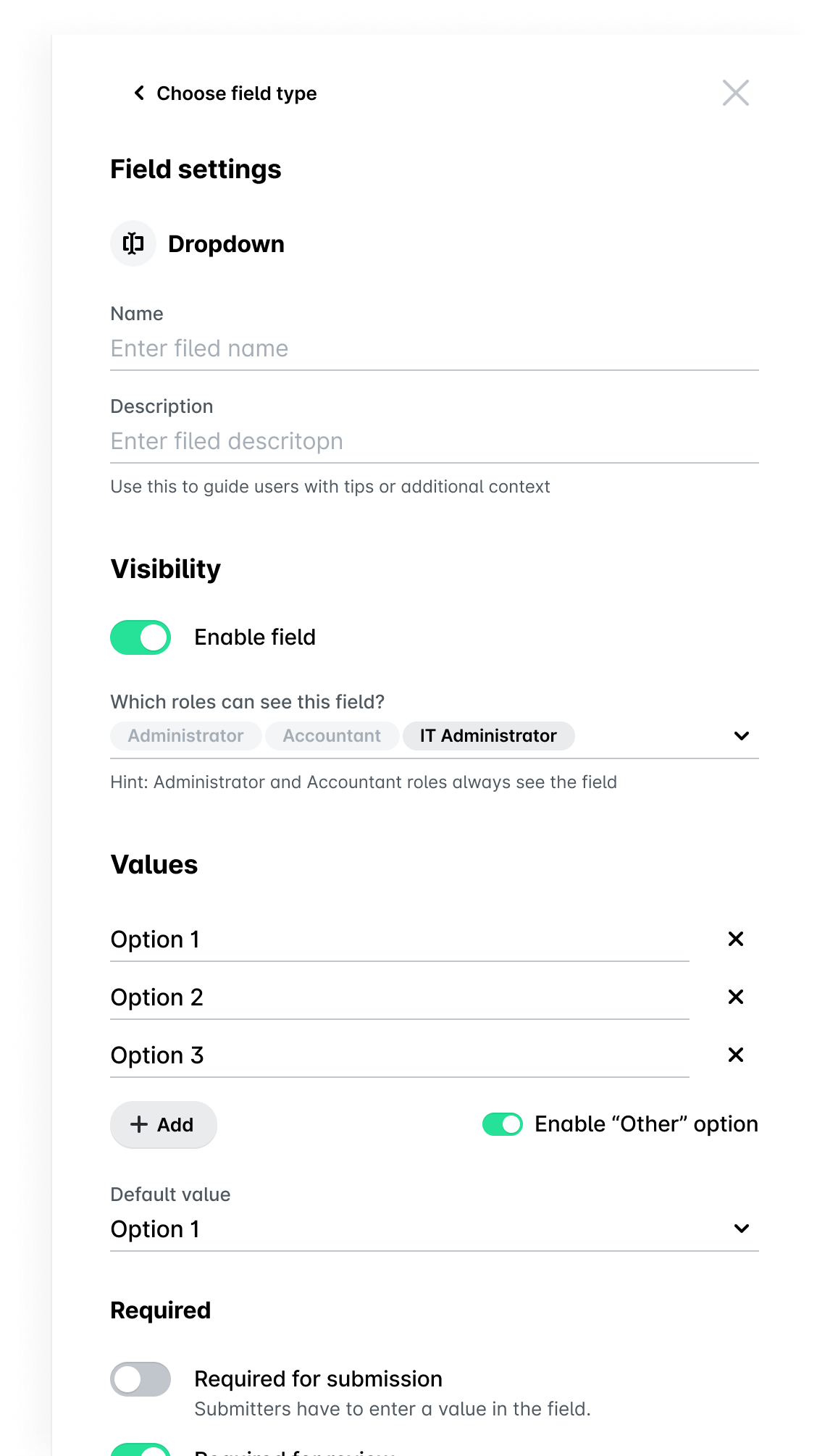 Dropdown field settings with options for visibility and required submission features.
