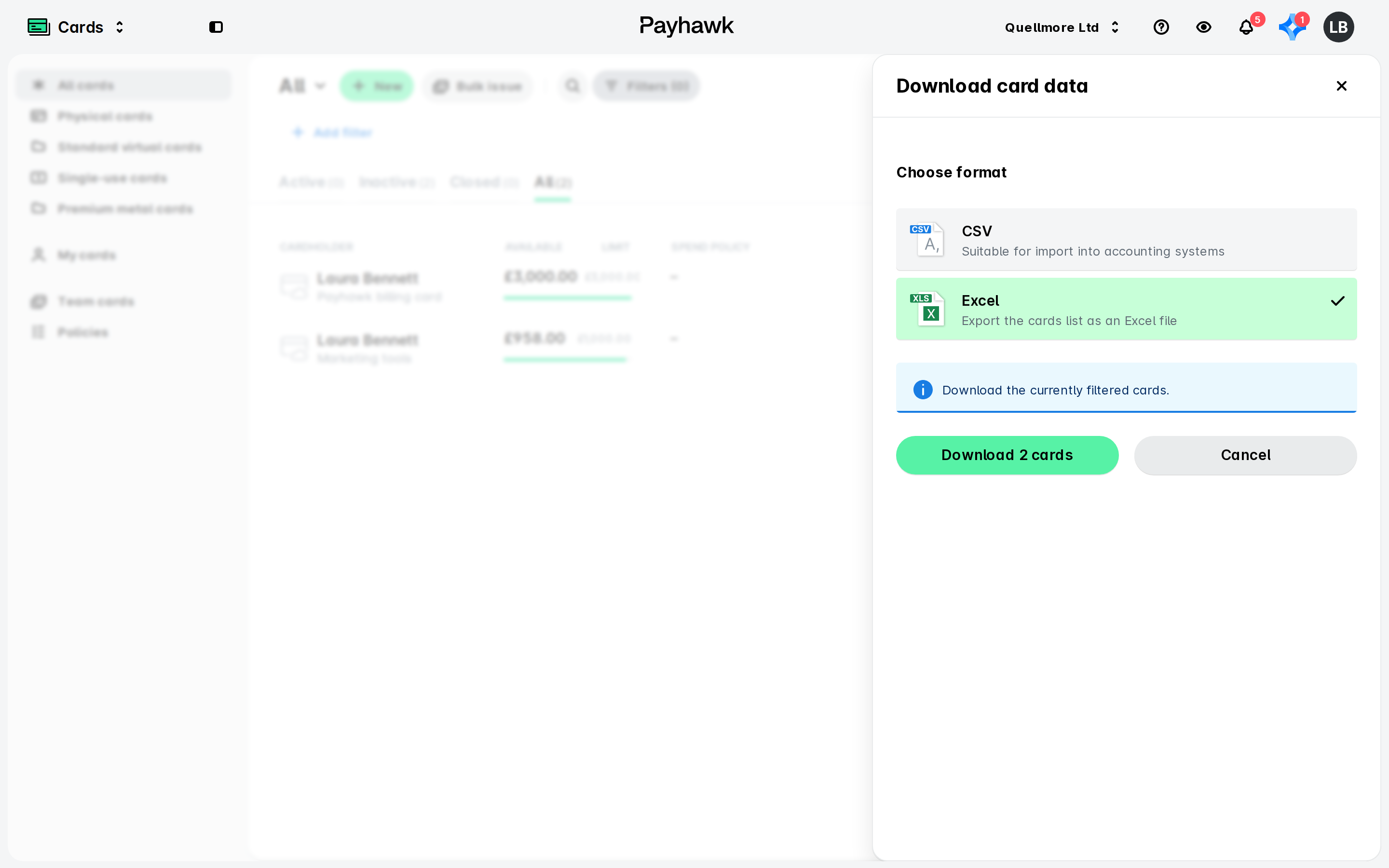 Payhawk Cards page with the Download card data panel open, offering CSV or Excel format and a Download 2 cards button.