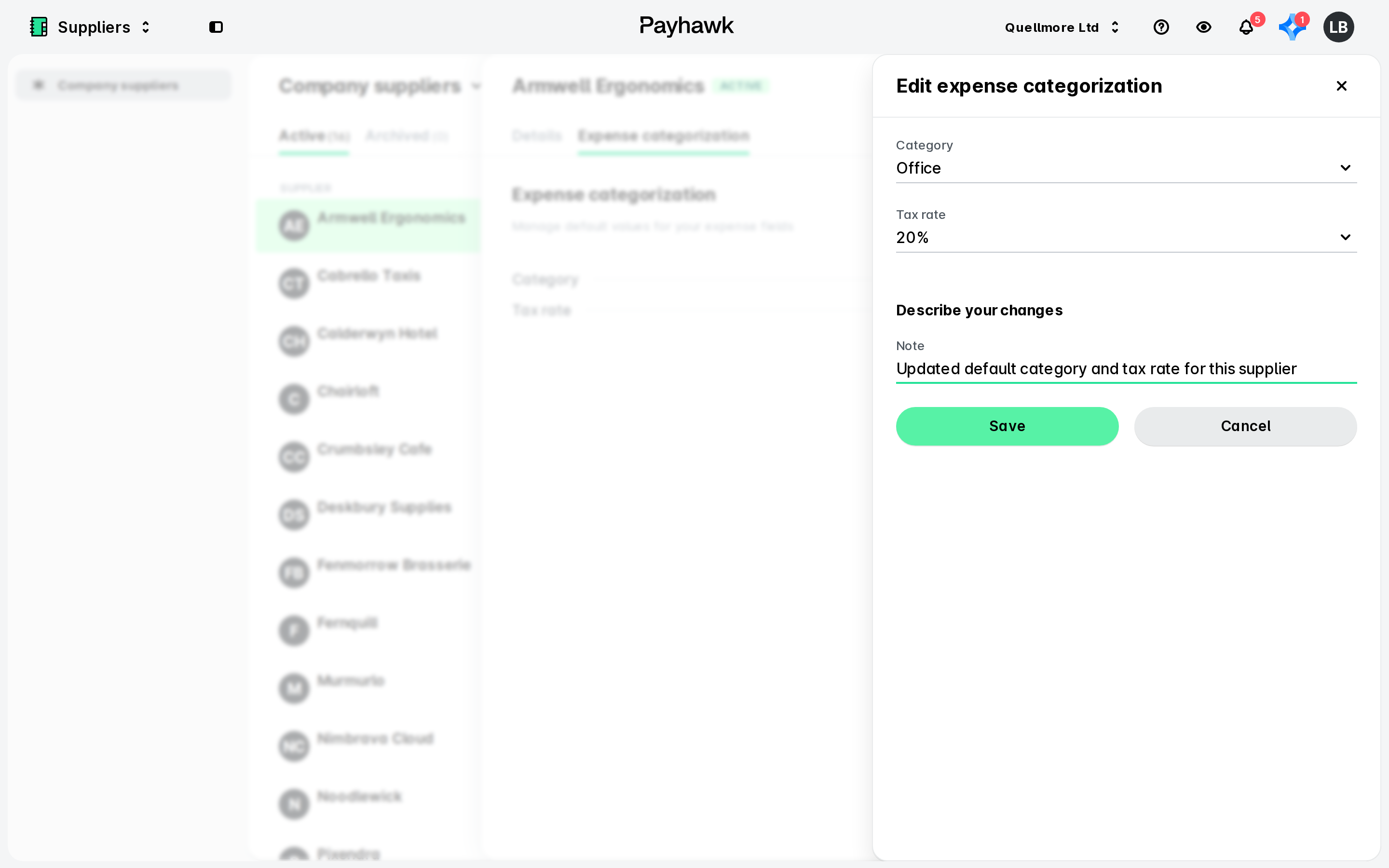 Edit expense categorization side panel with Category and Tax rate drop-downs, a note field, and Save and Cancel buttons.