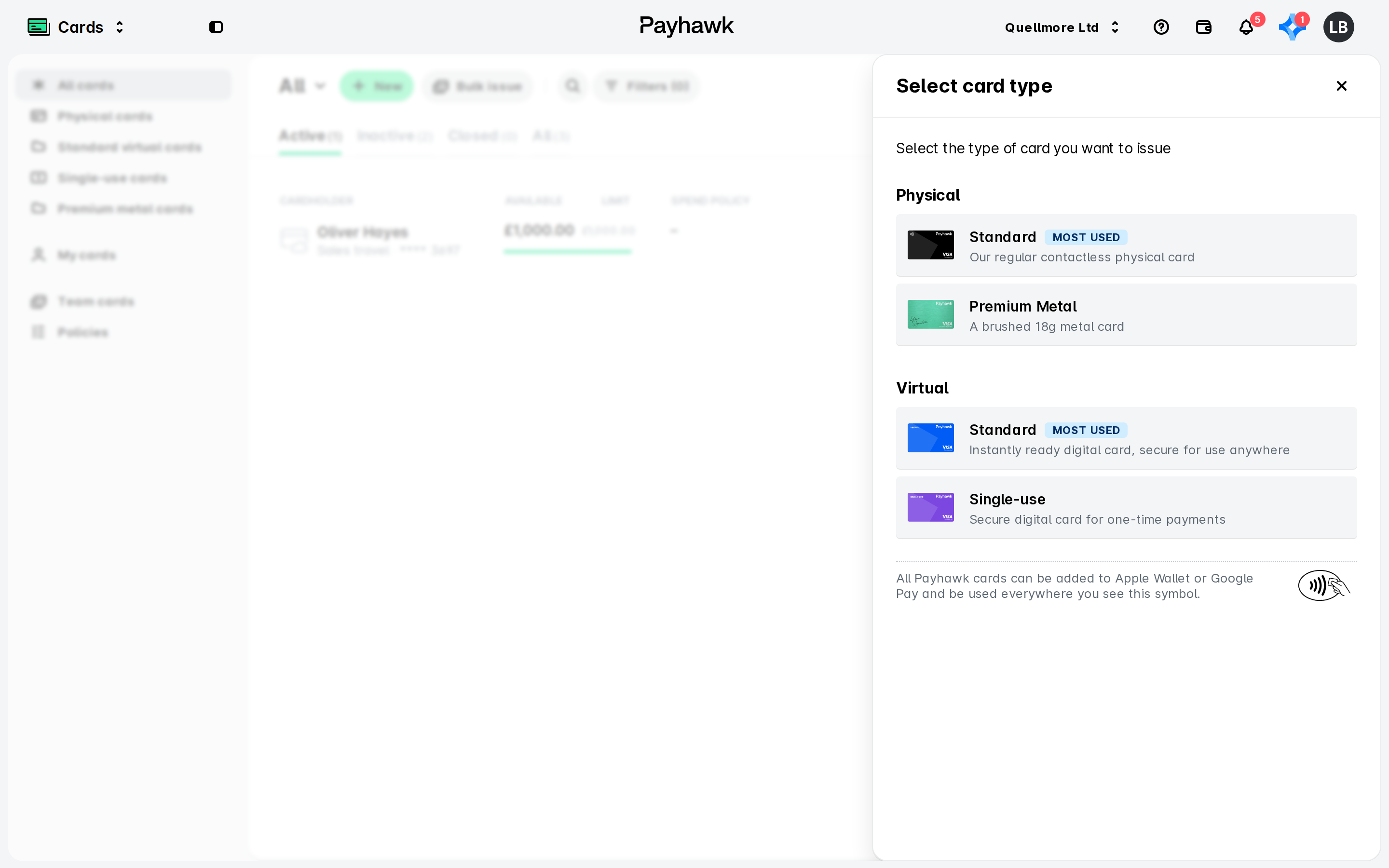 Payhawk Cards page with the Select card type panel open, offering Standard and Premium Metal physical cards and Standard and Single-use virtual cards.
