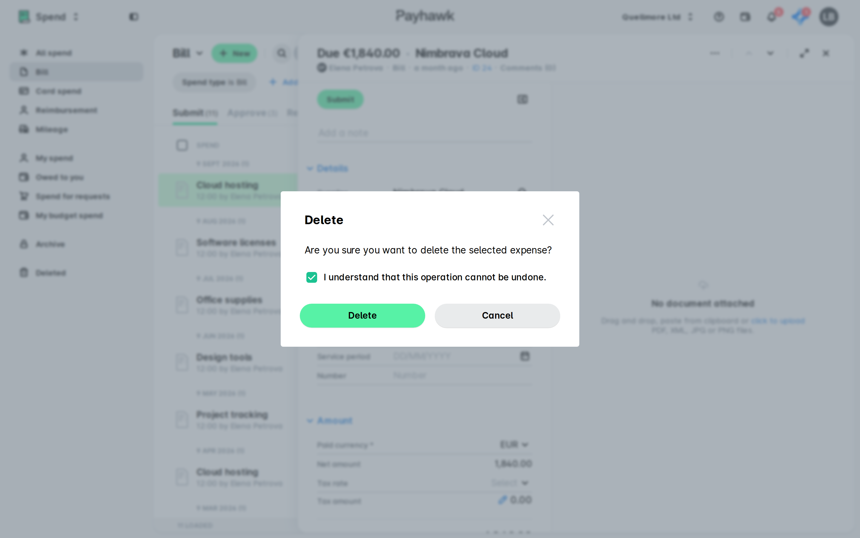 Payhawk Spend with a bill open in a side panel and a Delete dialog whose checkbox confirming the action cannot be undone is ticked.