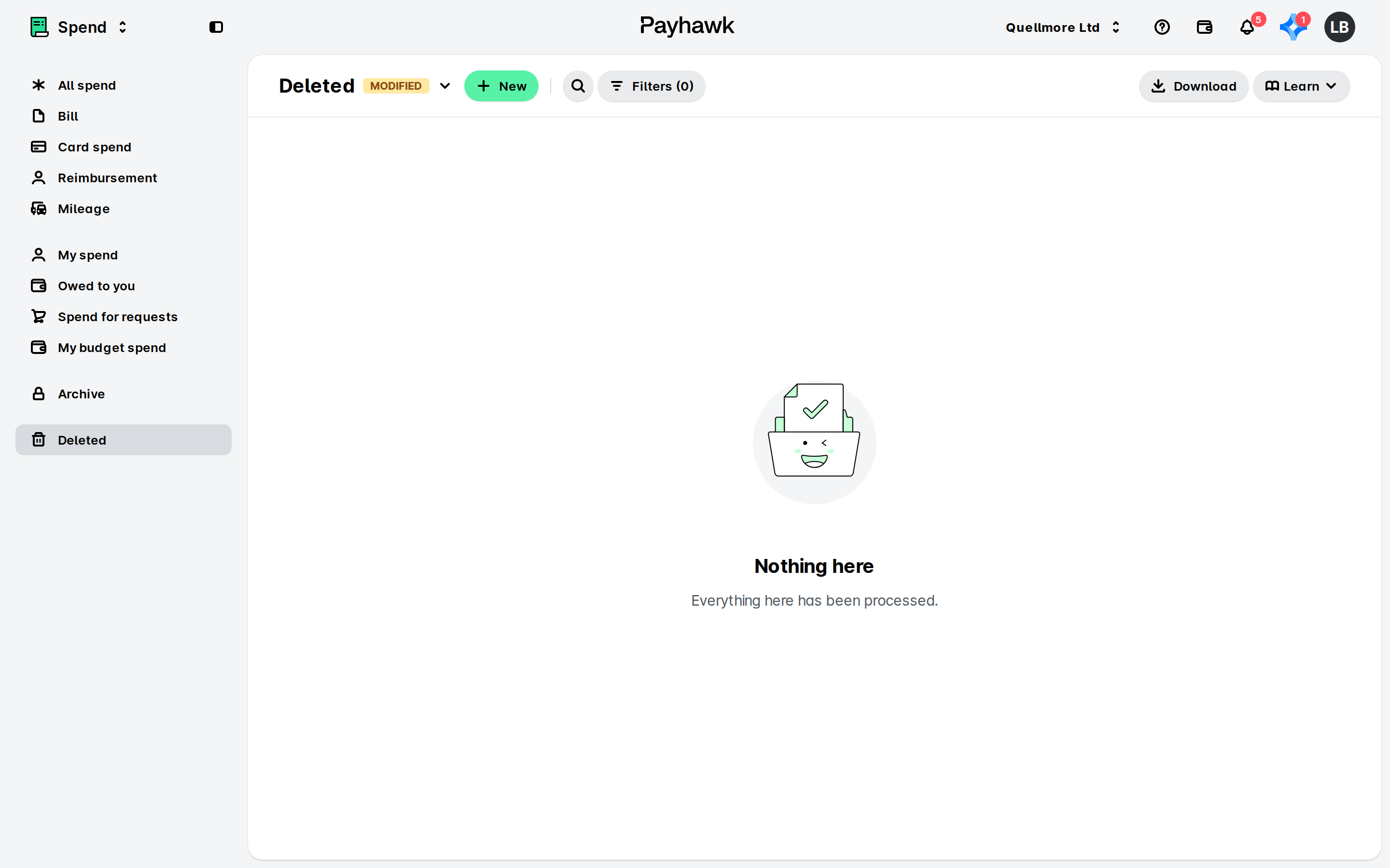 Payhawk Spend app showing the Deleted view with an empty list and a Nothing here message.