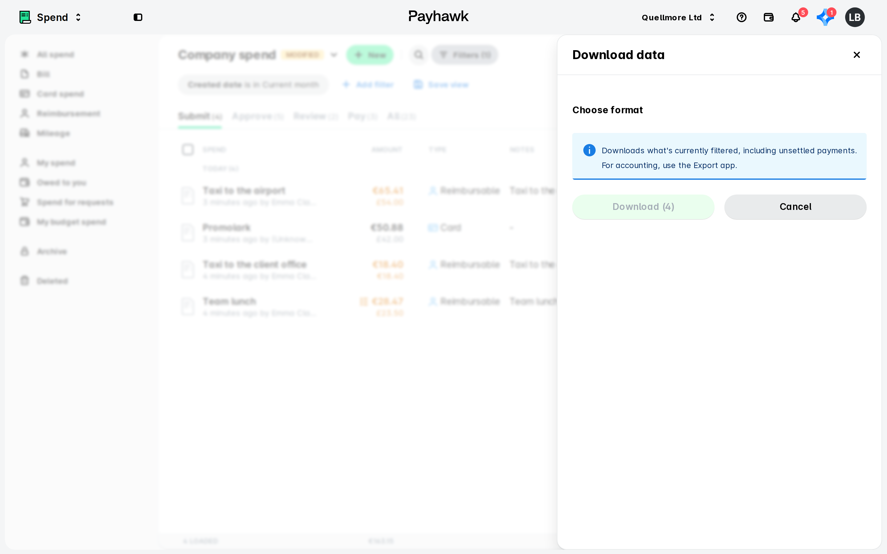 Payhawk Spend app with the Download data side panel open over a blurred Company spend list, showing a format heading, info note and buttons.