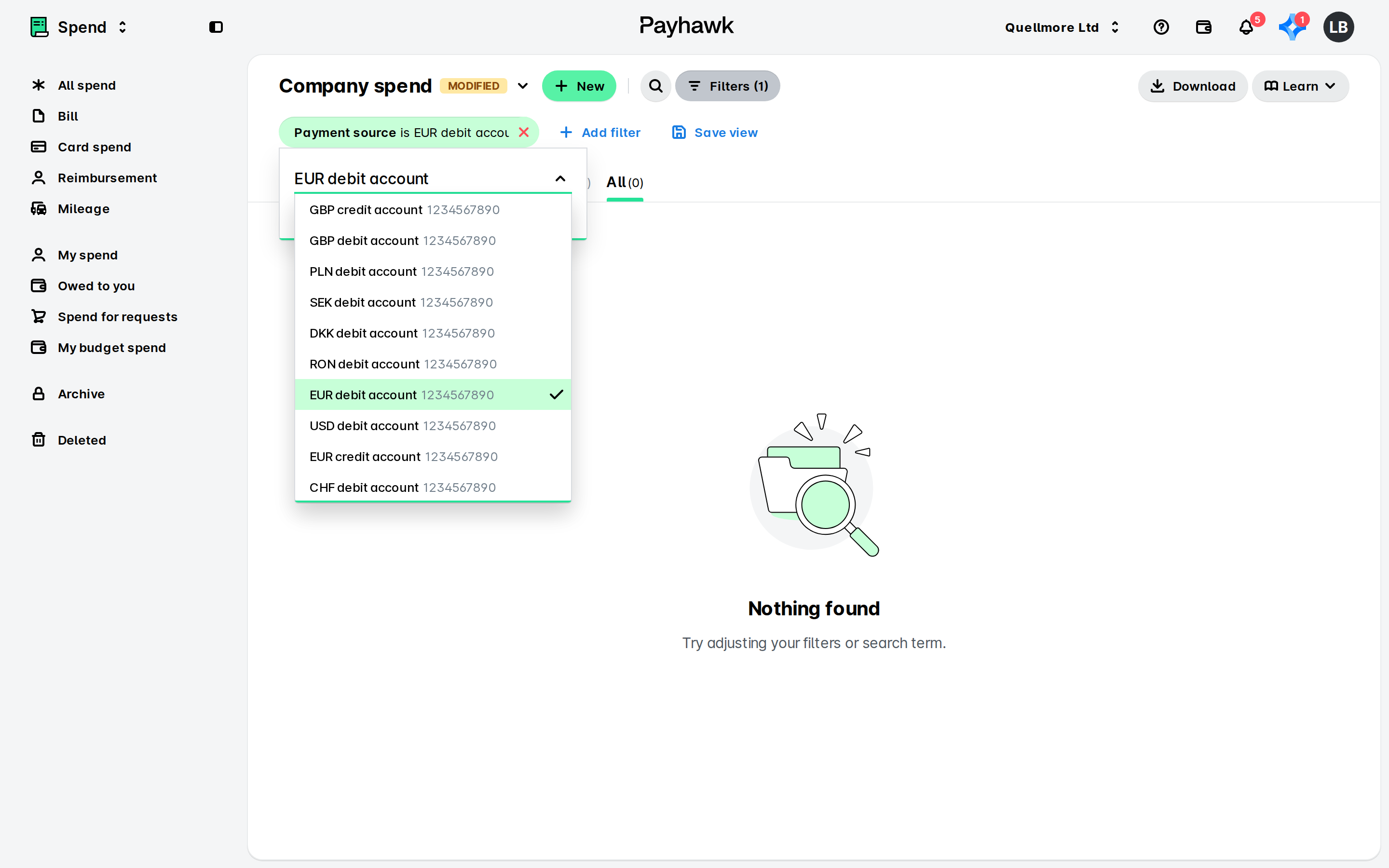 Company spend list in Payhawk with the Payment source filter dropdown open and the EUR debit account selected.