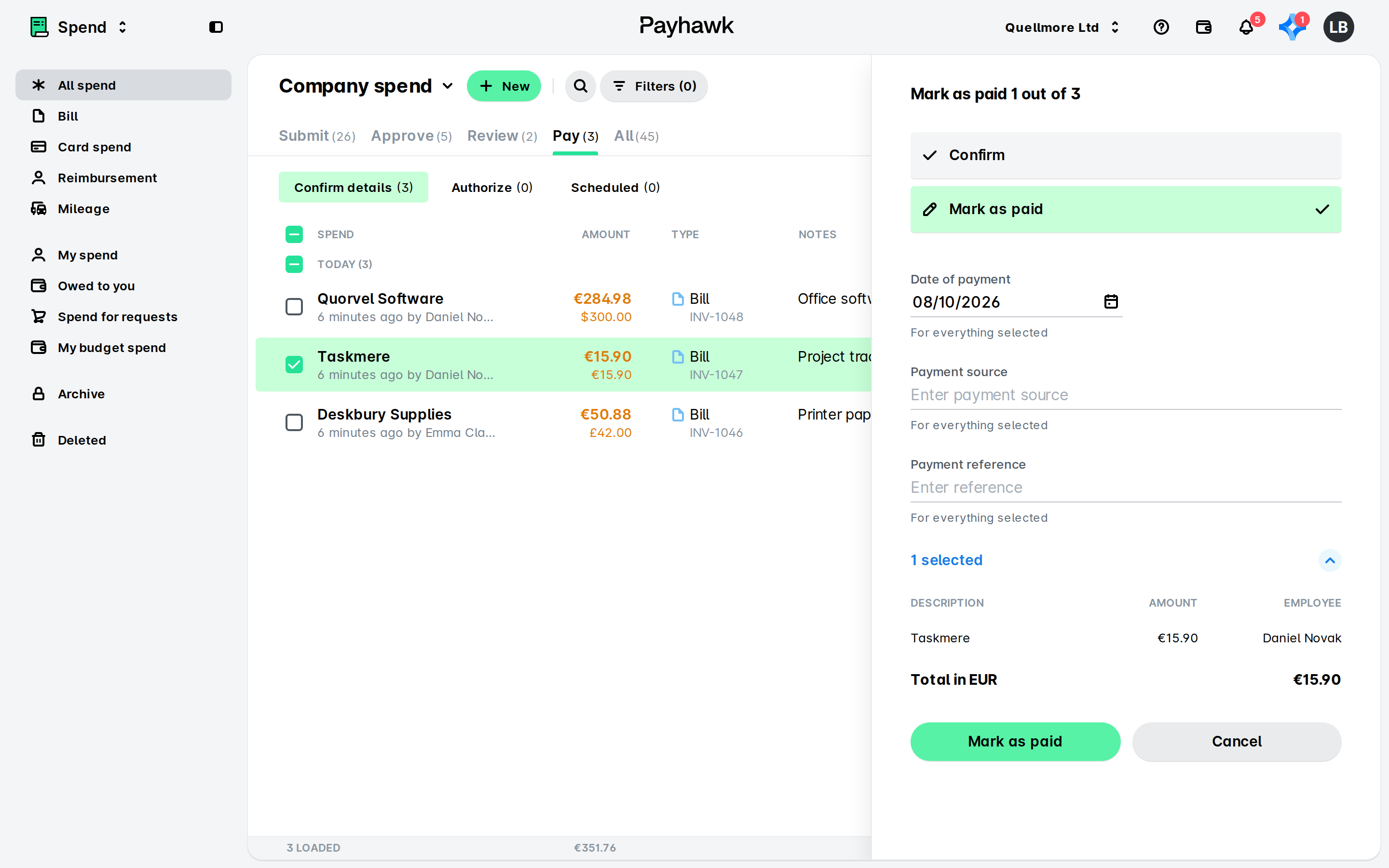 Company spend Pay > Confirm details list with one bill selected and the Mark as paid panel open on the right.