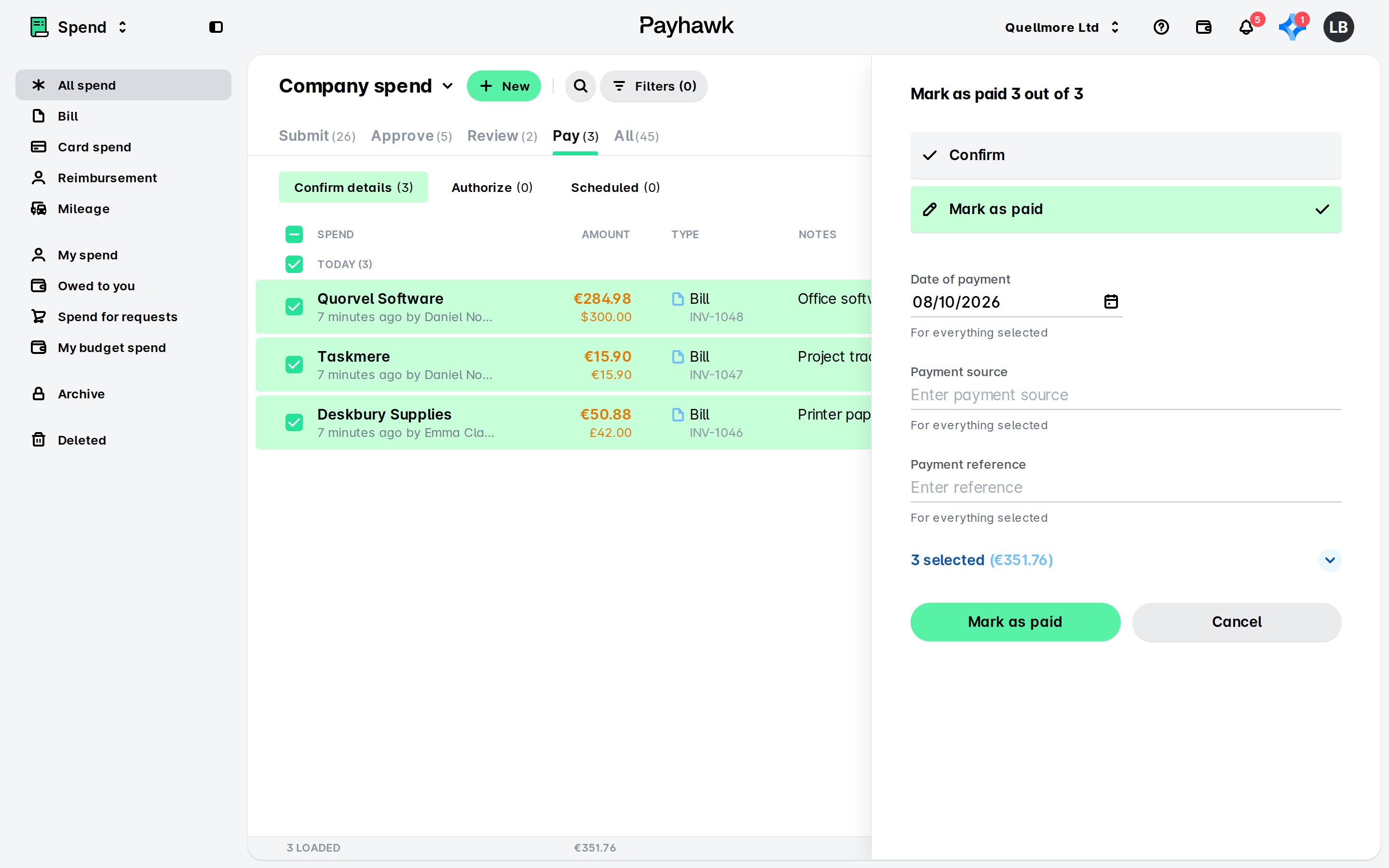 Payhawk Spend Pay tab with three bills selected and the Mark as paid side panel showing date, payment source and reference fields.
