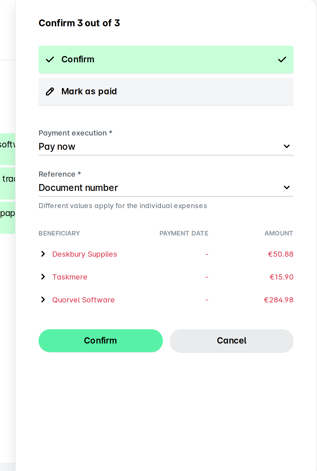 Confirm 3 out of 3 side panel with Confirm and Mark as paid options, payment execution and reference fields, and a list of beneficiaries