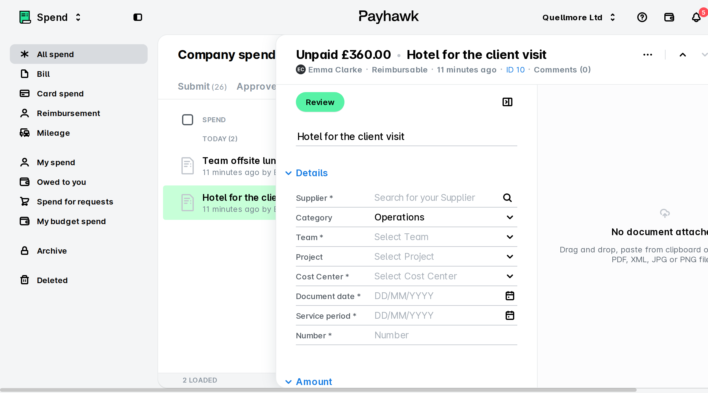 Payhawk Company spend list with an expense open in a side panel showing the green Review button and its Details fields.