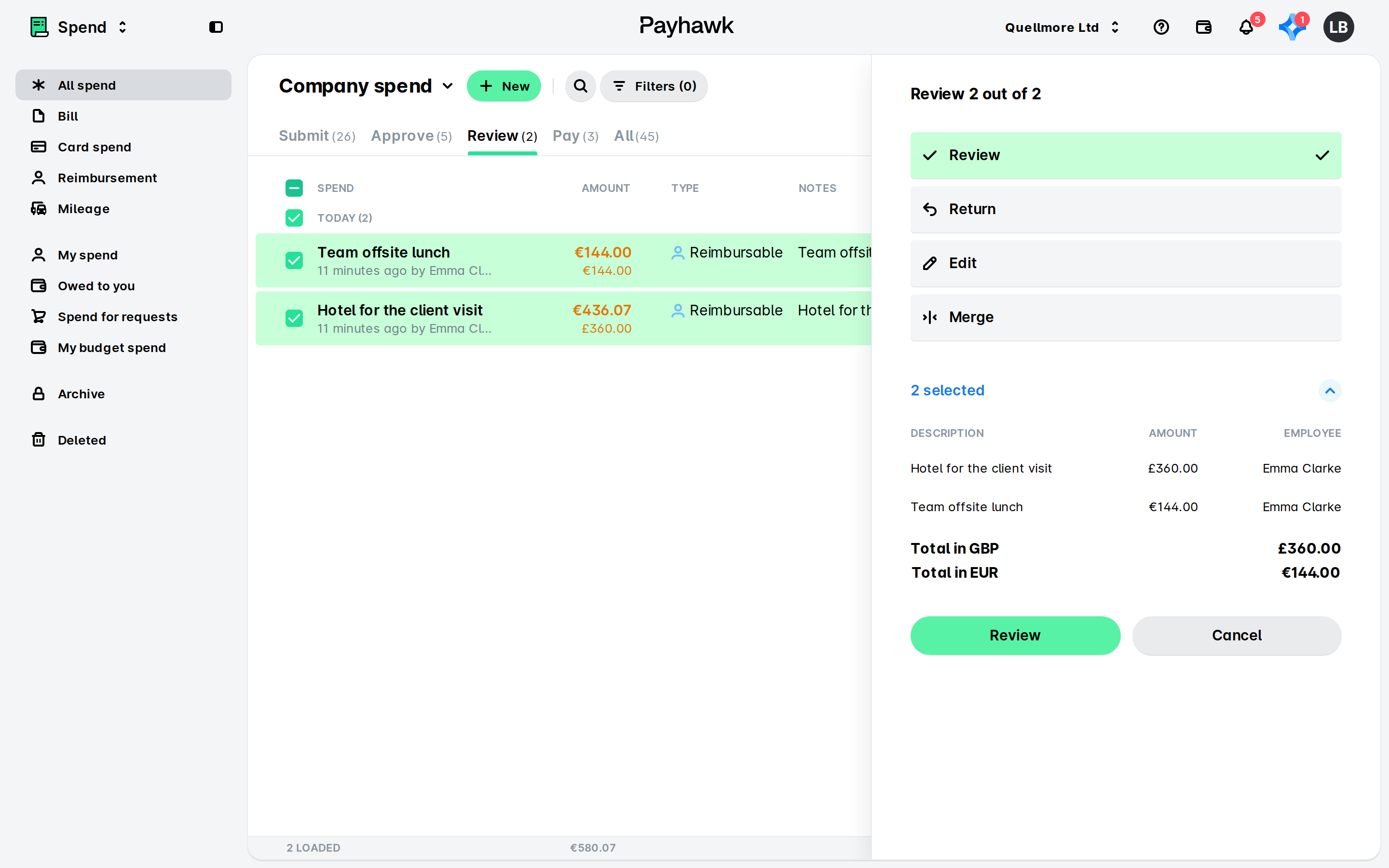 Company spend list on the Review tab with two expenses selected and a side panel showing the Review option and a summary of both.