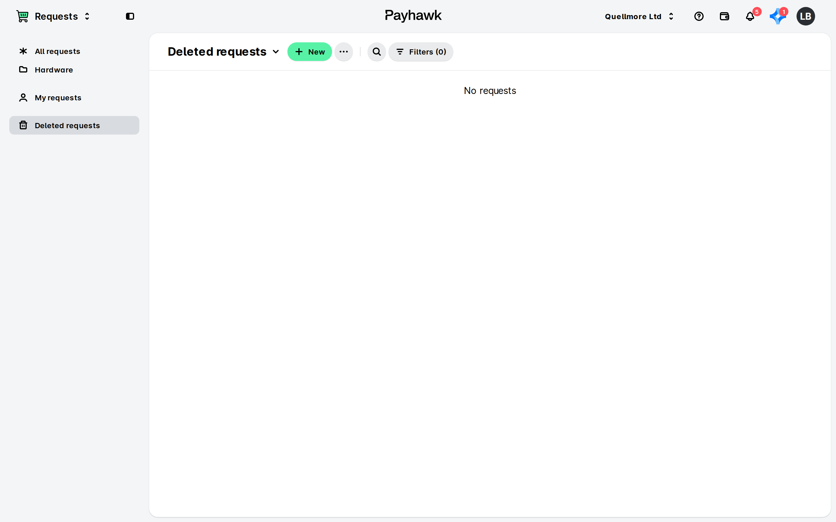 Payhawk-pagina Aanvragen met de weergave Verwijderde aanvragen geselecteerd in de linkerzijbalk en een lege lijst zonder aanvragen.