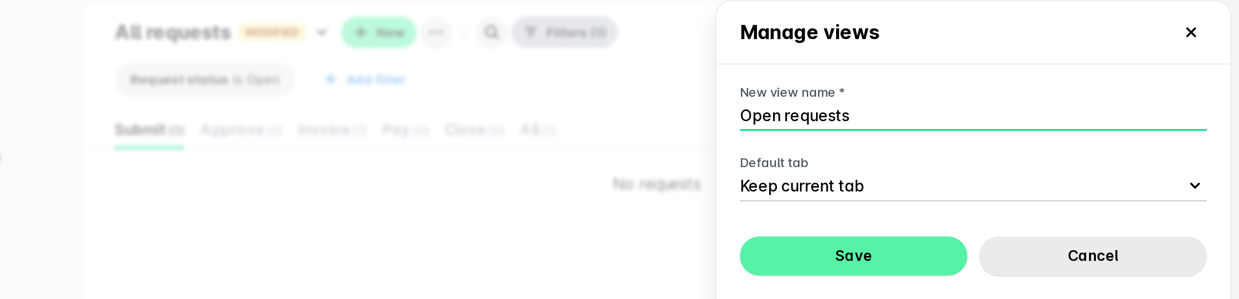 Paneel om weergaven te beheren in de app Aanvragen met de nieuwe weergavenaam 'Open requests', de vervolgkeuzelijst Default tab en de knoppen Opslaan en Annuleren.