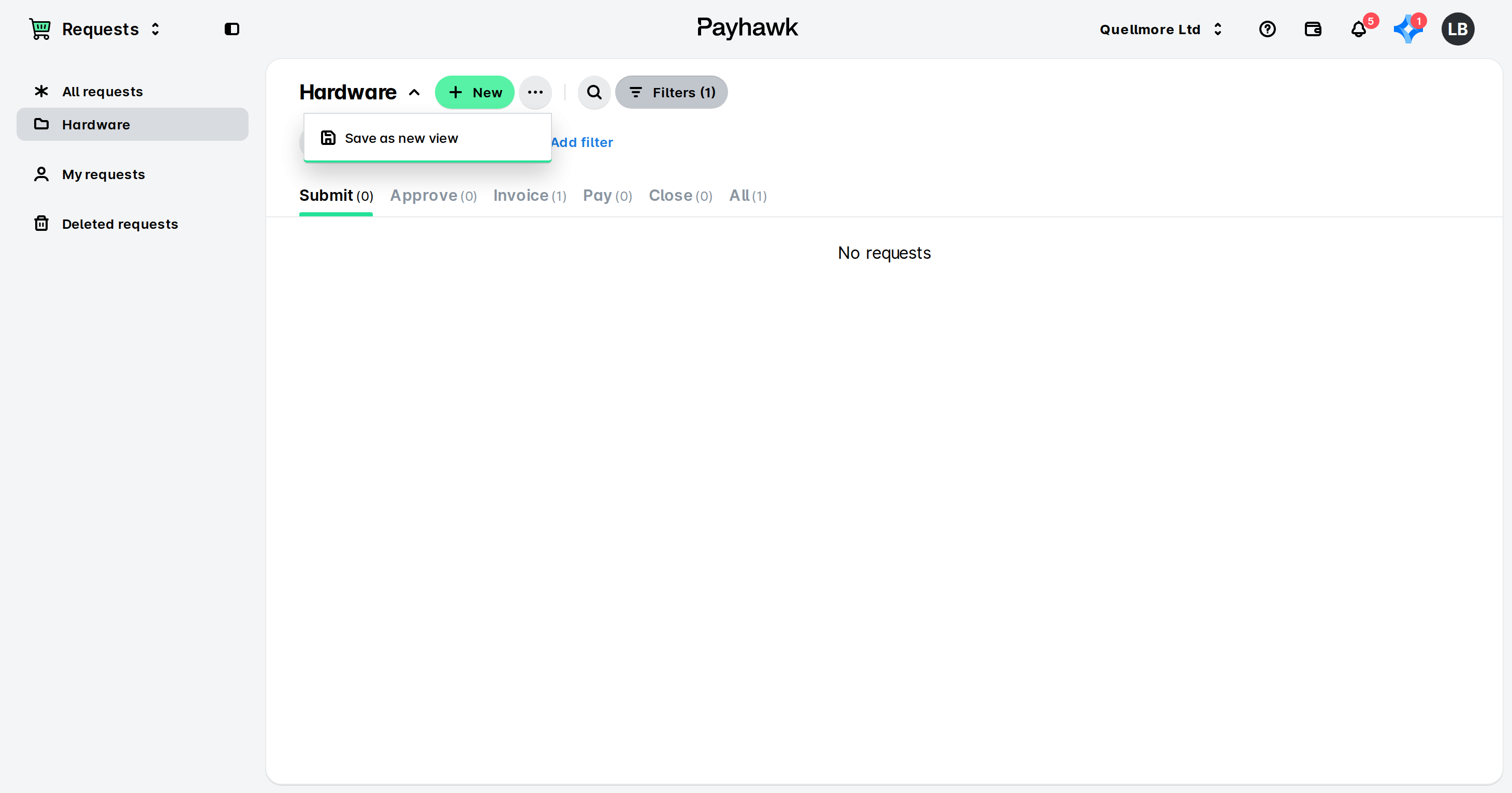 Payhawk-app Aanvragen met de weergave Hardware, een lege lijst met aanvragen en een menu met de optie om als nieuwe weergave op te slaan.