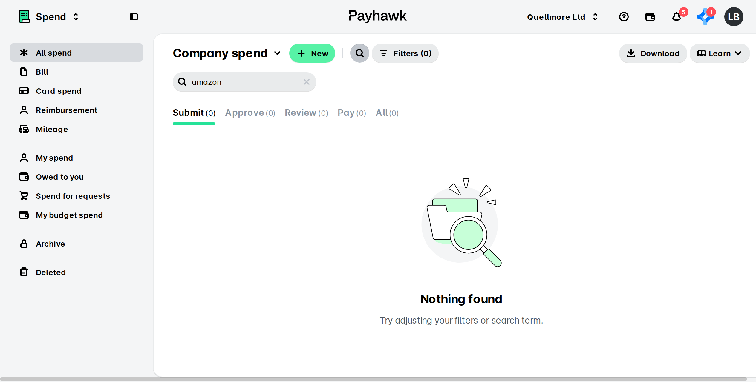 Payhawk Company spend list with "amazon" typed in the search field, showing a "Nothing found" message instead of results.