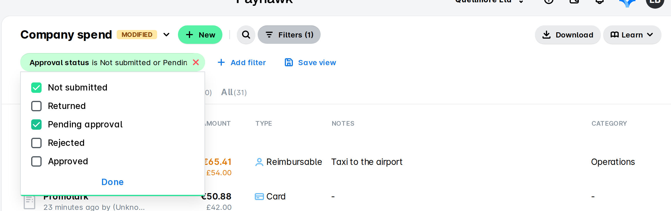 Company spend list with the Approval status filter open, showing Not submitted and Pending approval checked and a Done button.