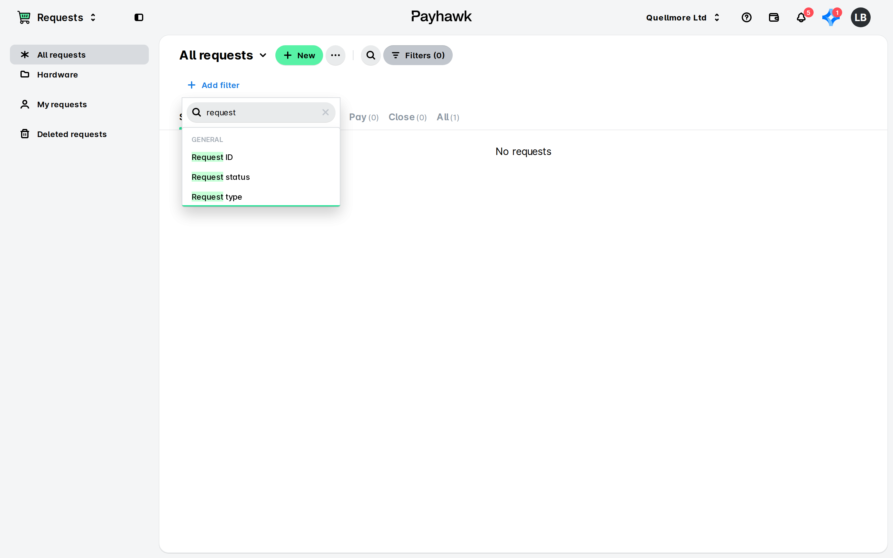 Liste des demandes Payhawk avec la liste déroulante Ajouter un filtre ouverte, une recherche sur « request » et les options ID de la demande, Statut de la demande et Type de demande.