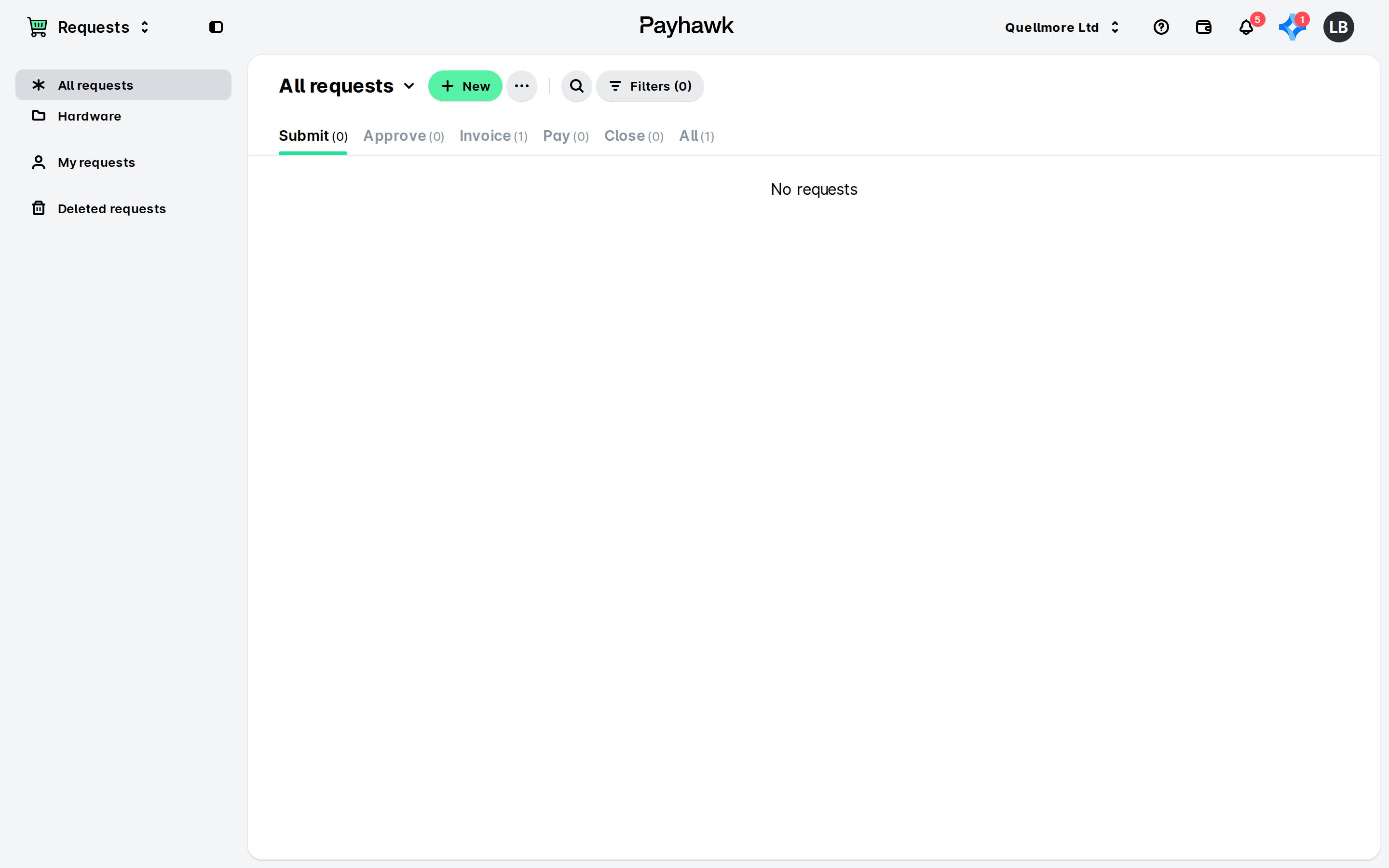 Payhawk Requests app showing the All requests list on the Submit tab with no requests.