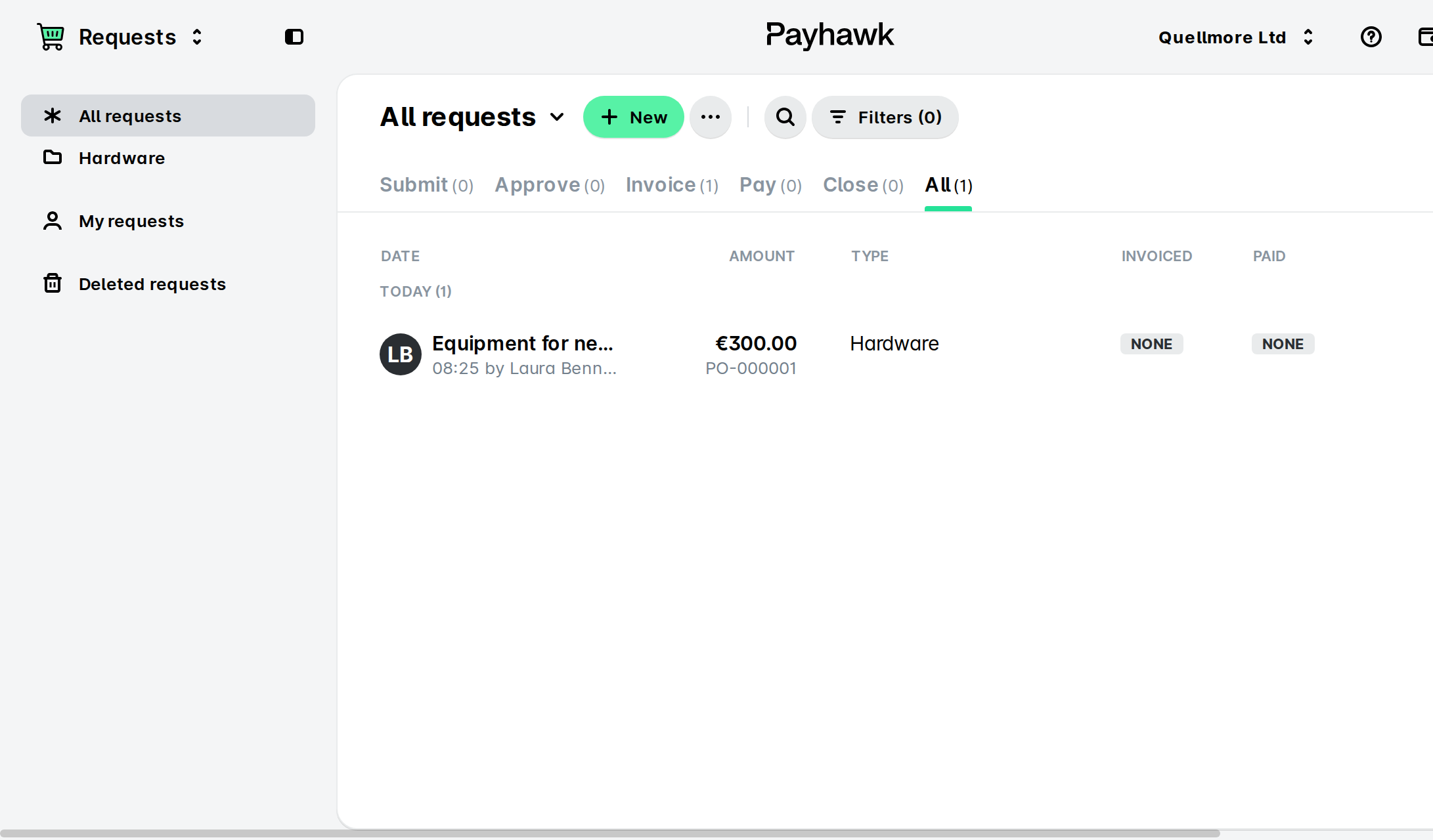 Payhawk Requests app showing the All requests list with one €300.00 hardware request by Laura Benn.