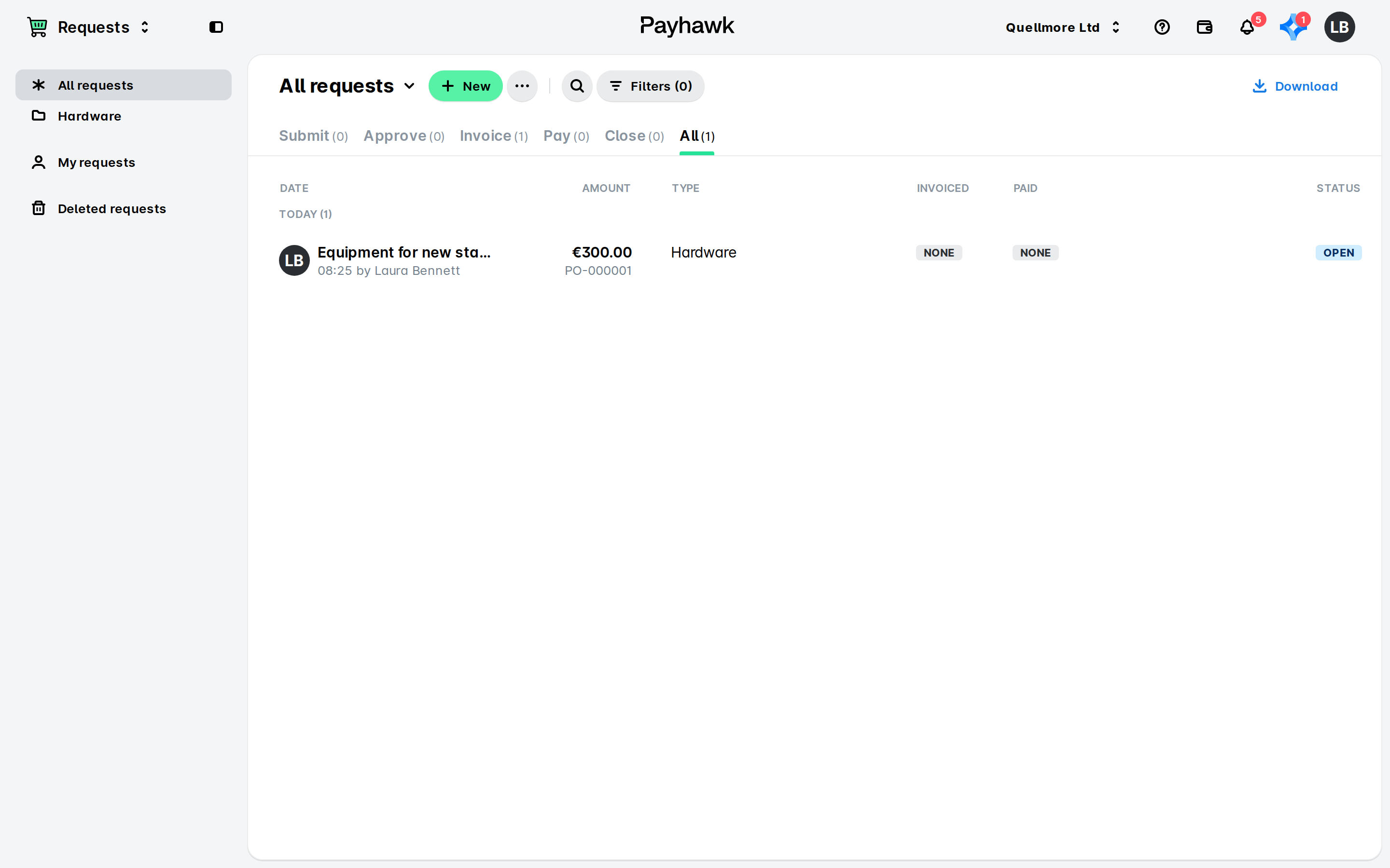 Payhawk Requests app showing the All requests list with one open Hardware request for €300.00 by Laura Bennett.