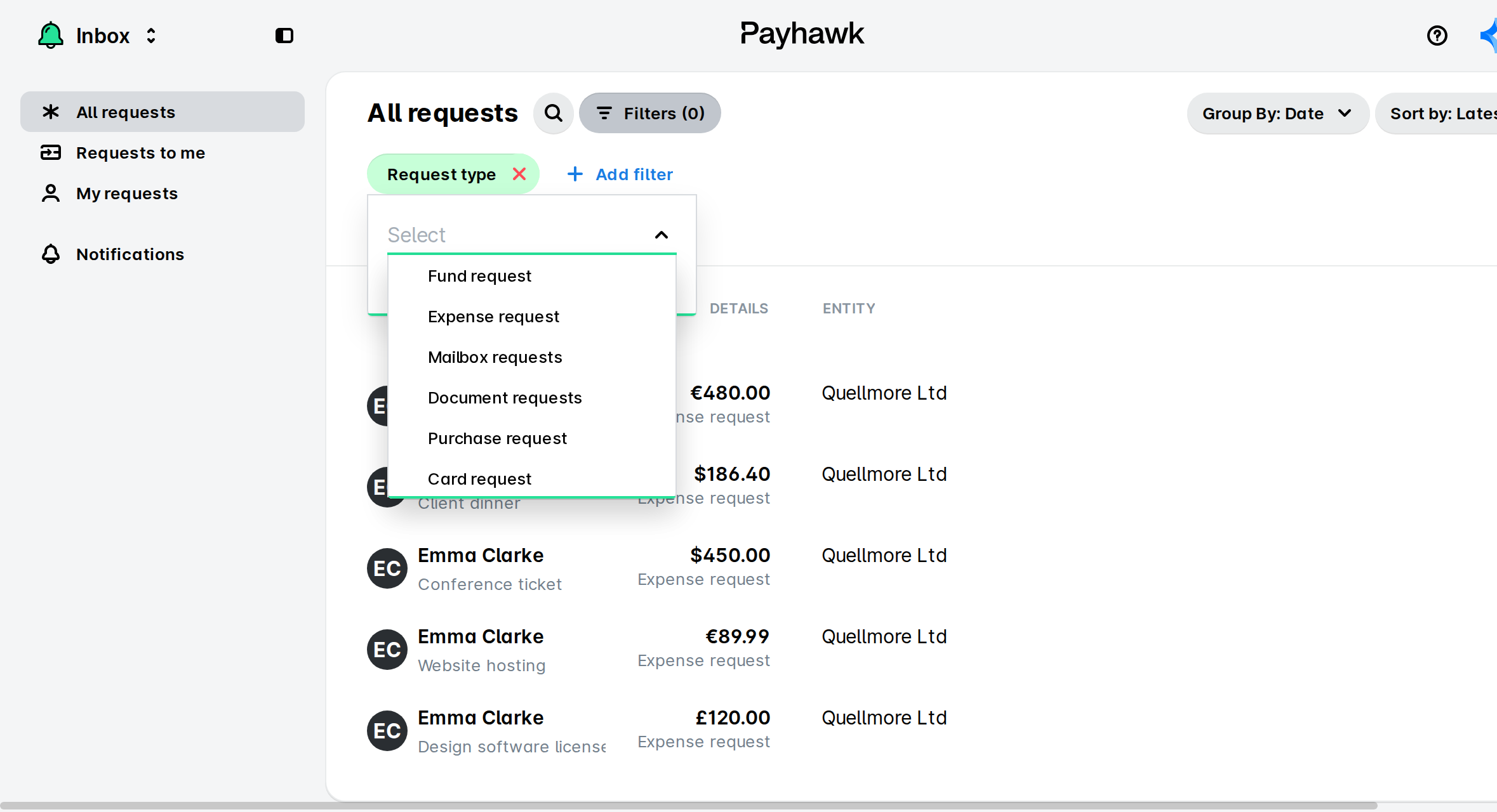Payhawk Inbox showing All requests with the Request type filter dropdown open over a list of expense requests.