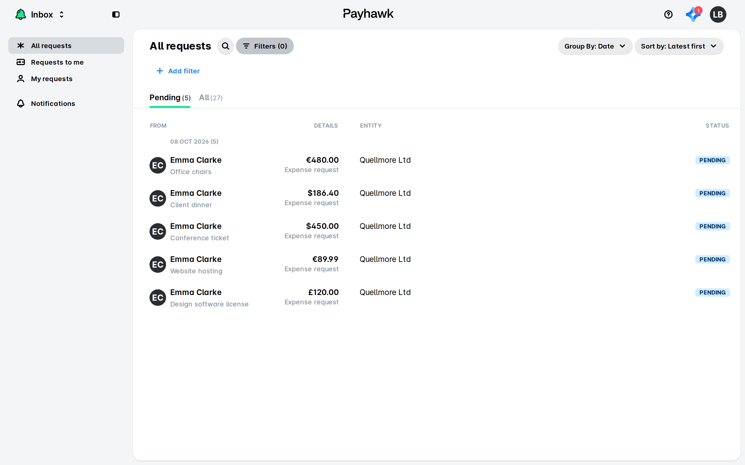 Payhawk Inbox showing the All requests list with five pending expense requests from Emma Clarke for Quellmore Ltd.