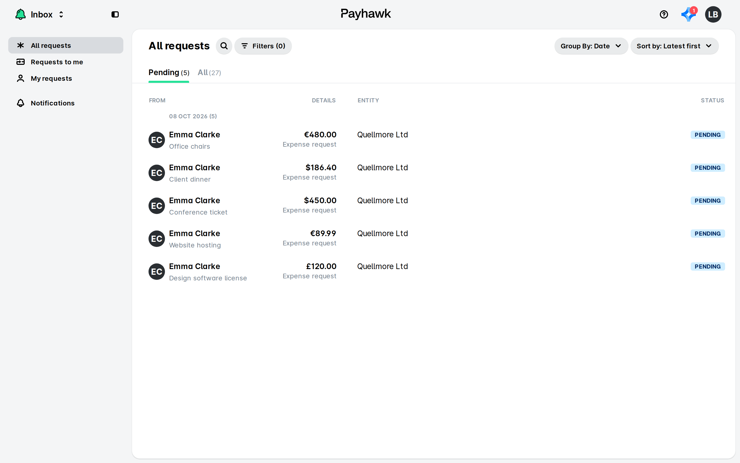 Payhawk Inbox showing All requests with five pending expense requests from Emma Clarke for Quellmore Ltd.
