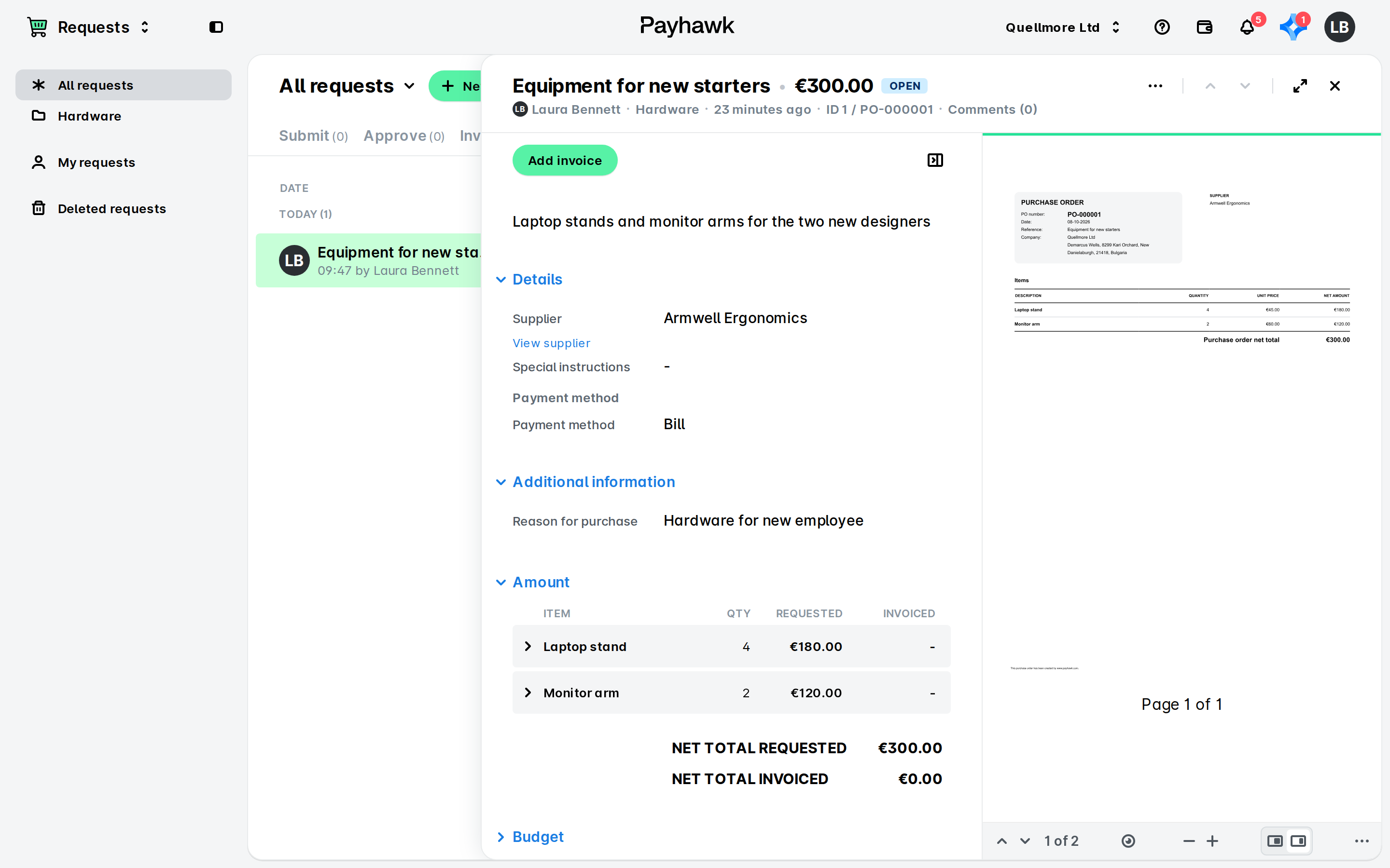 Payhawk request side panel for "Equipment for new starters" with details, amount table and a collapsed Budget section, next to the purchase order preview.