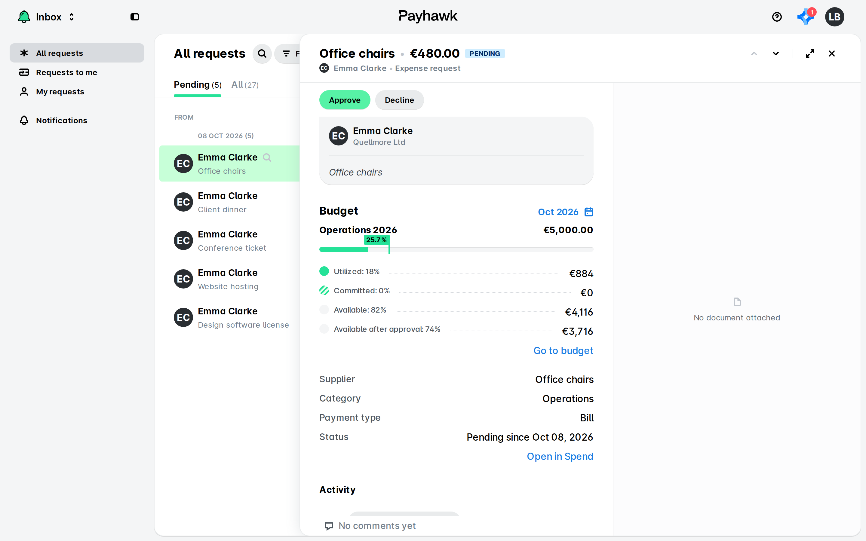 Payhawk Inbox with the Pending requests list and an expense request for office chairs open in a side panel with Approve and Decline buttons.