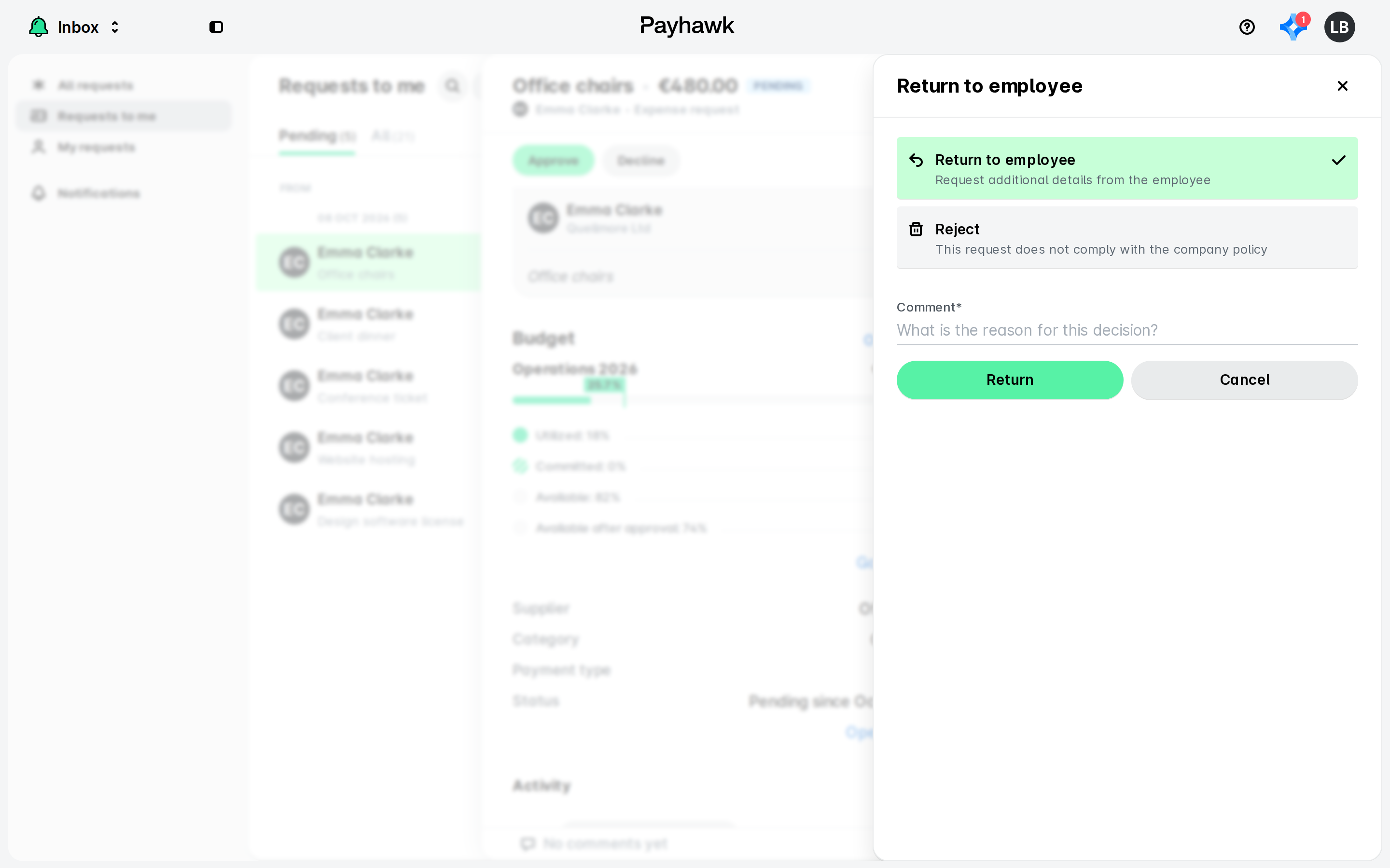 Payhawk Inbox with an expense request open and the Return to employee panel selected, showing a comment field and Return and Cancel buttons.