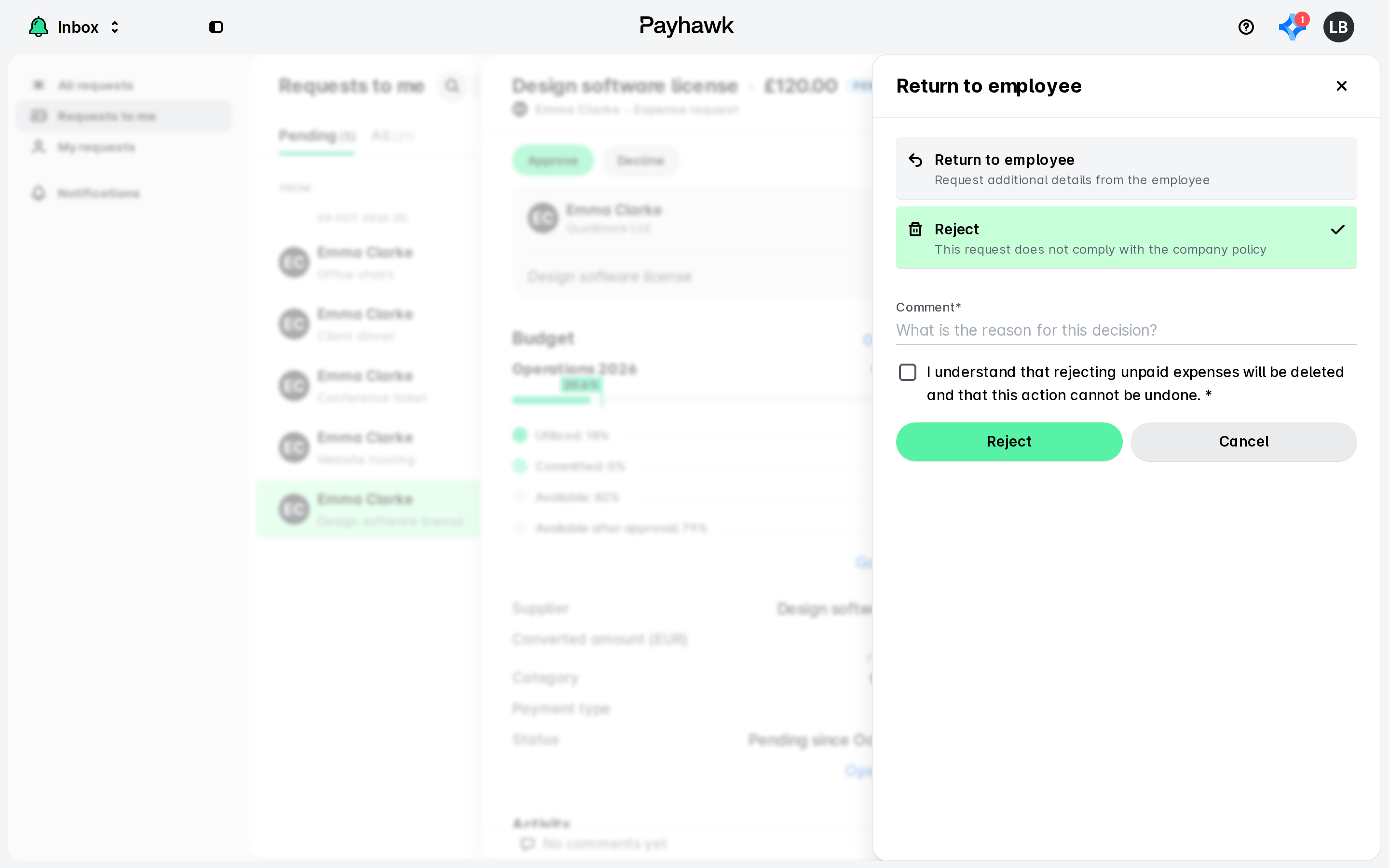 Payhawk Inbox with a pending expense request open and the decline panel showing the Reject option selected, a comment field and a confirmation box.