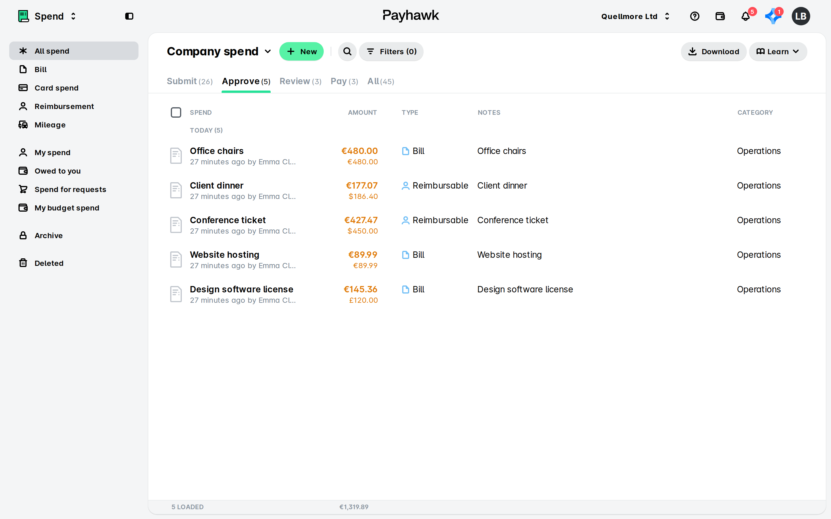 Payhawk Company spend list on the Approve tab, showing five items such as Office chairs and Client dinner awaiting approval.