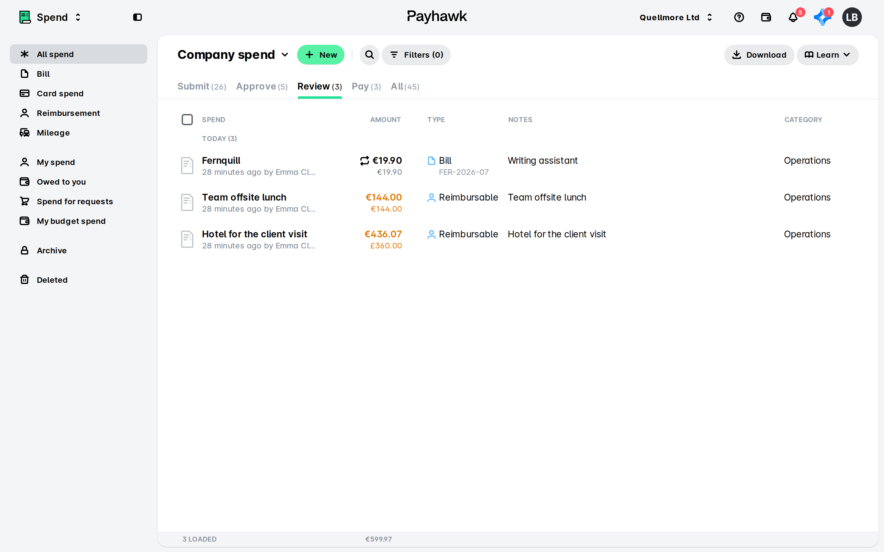 Payhawk Company spend list on the Review tab, showing three spend items awaiting review for Quellmore Ltd.