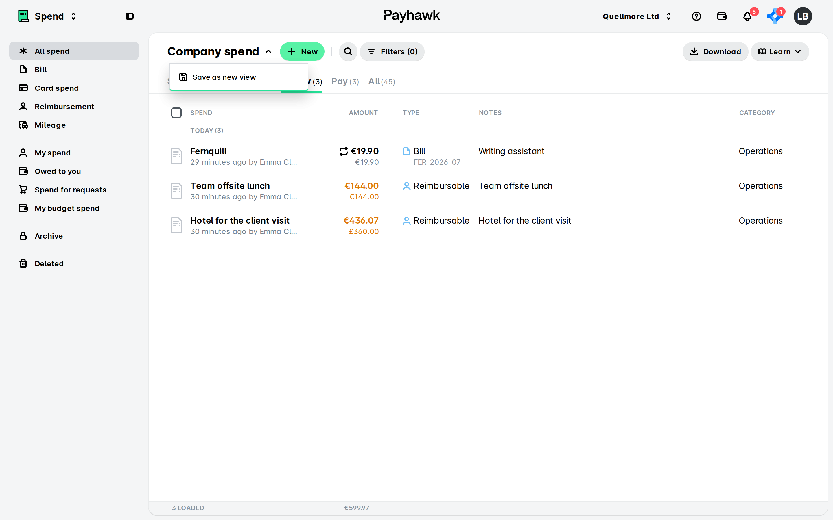 Payhawk Spend app showing the Company spend list of three expenses, with the view menu open on Save as new view.