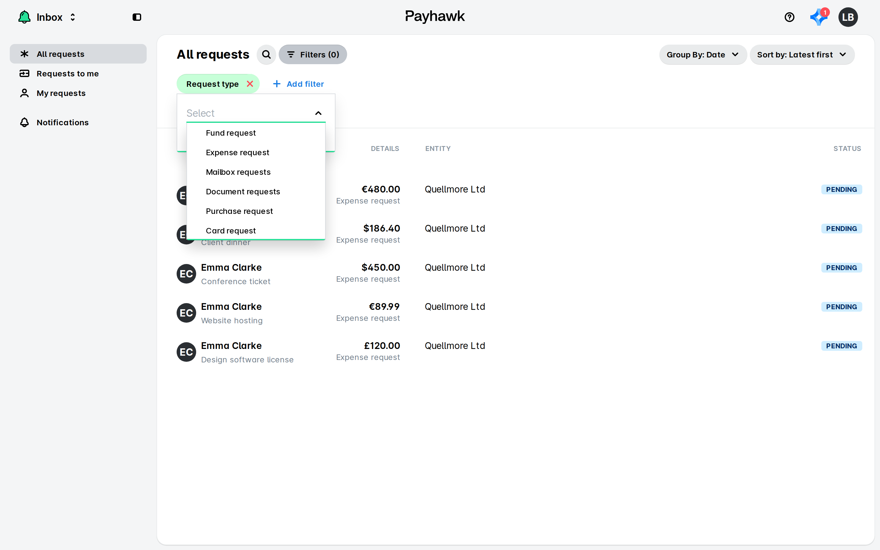 Payhawk Inbox showing the All requests list with the Request type filter dropdown open, listing request types such as Expense request.