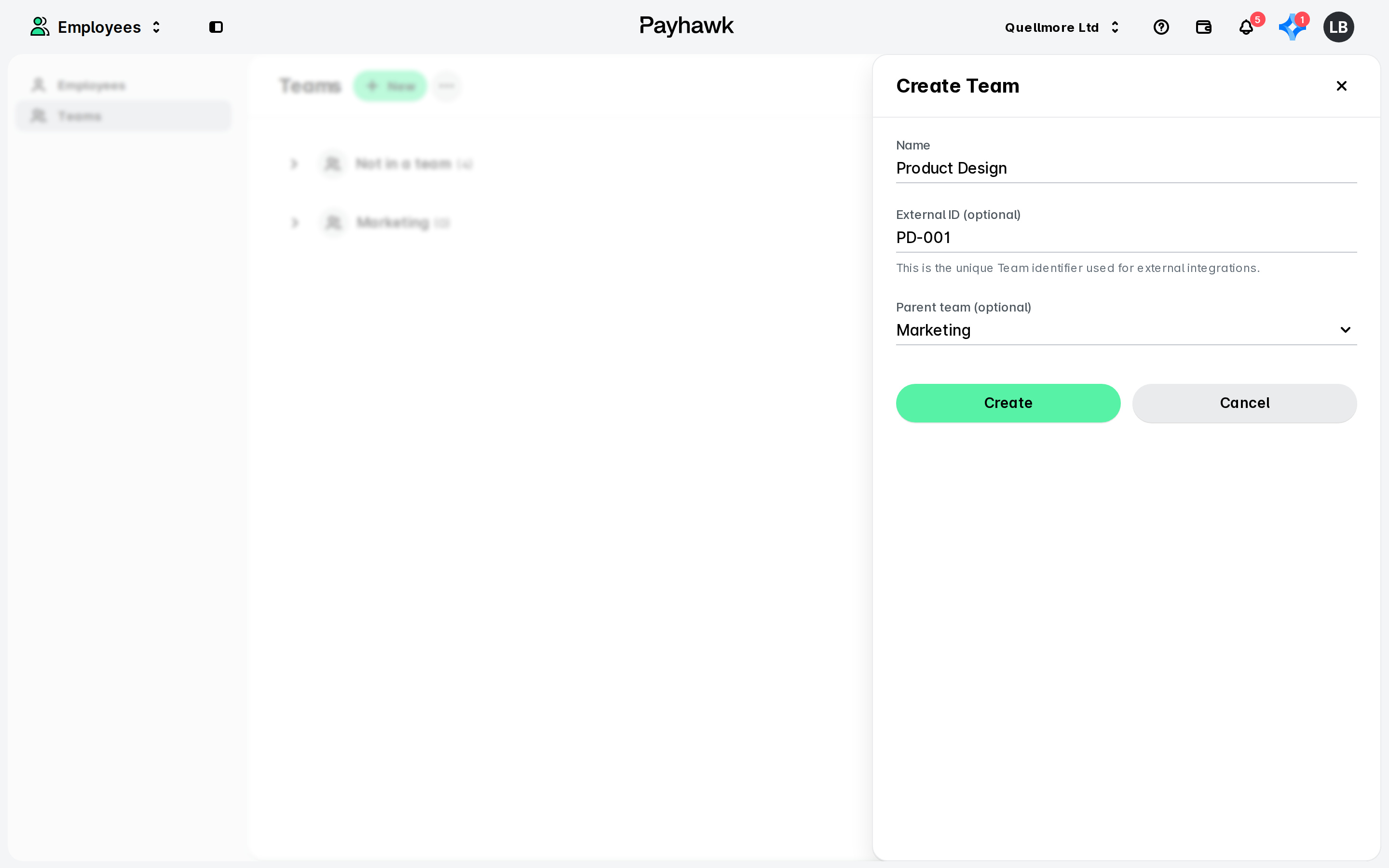 Payhawk Teams page with the Create Team side panel open, showing Name, External ID and Parent team fields and Create and Cancel buttons.