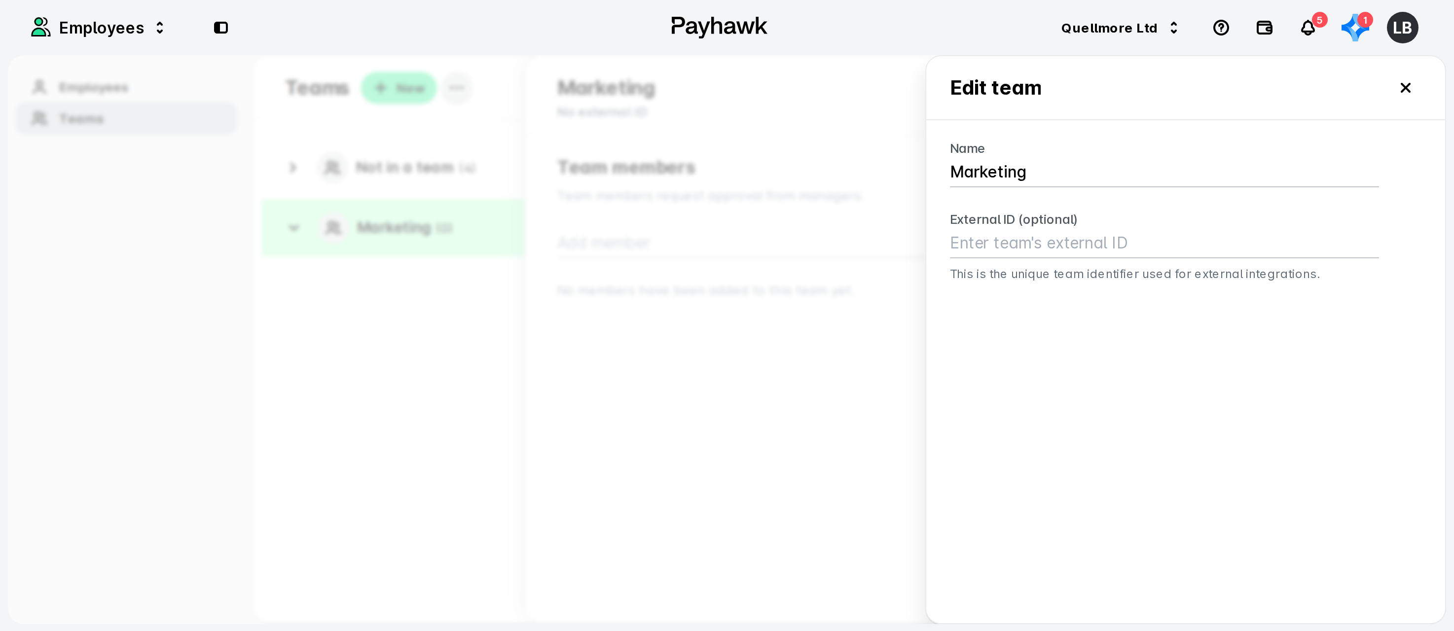 Payhawk Teams page with the Edit team side panel open, showing the Name and optional External ID fields and a close X button.
