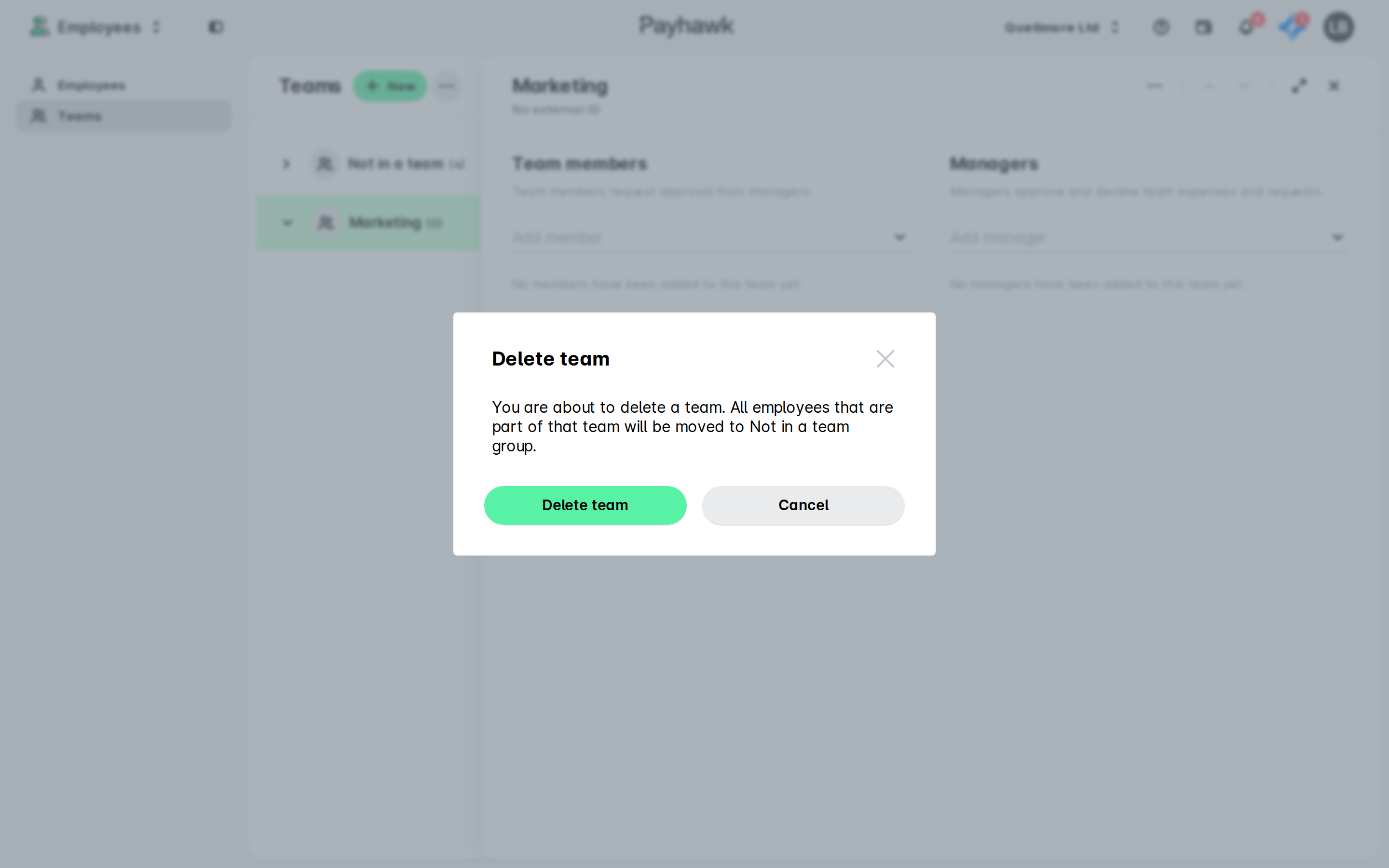 Delete team confirmation dialog with Delete team and Cancel buttons, open over the Teams page in Payhawk's Employees app.