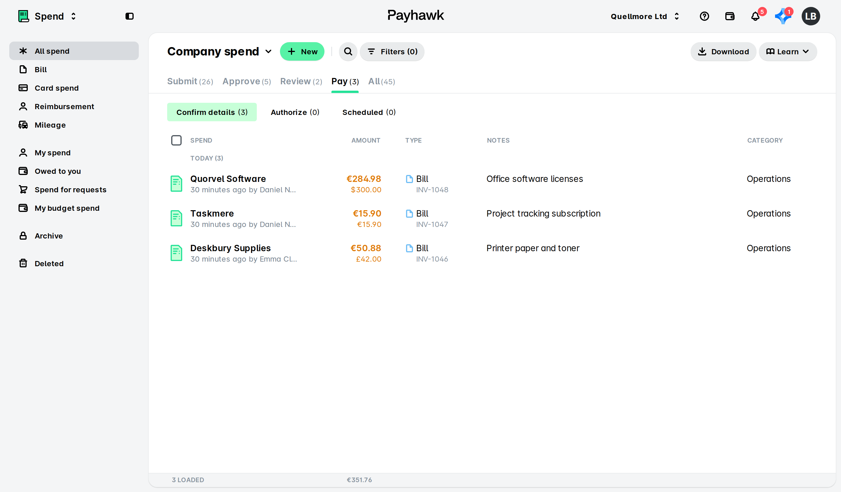 Payhawk Company spend list on the Pay tab with the Confirm details sub-tab showing three supplier bills.