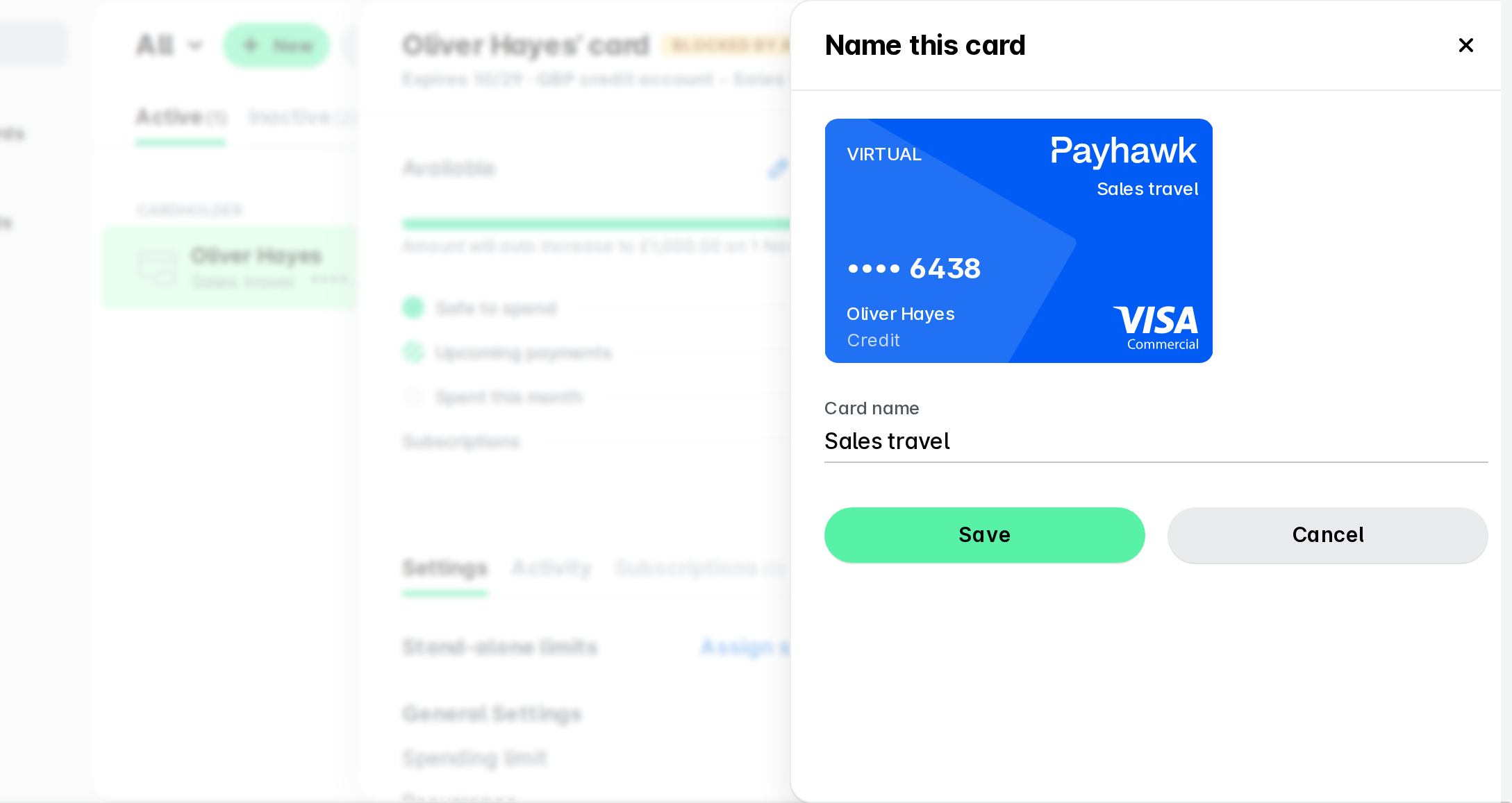The Payhawk Cards page with the "Name this card" side panel open, showing a virtual card preview, the card name field, and Save and Cancel buttons.