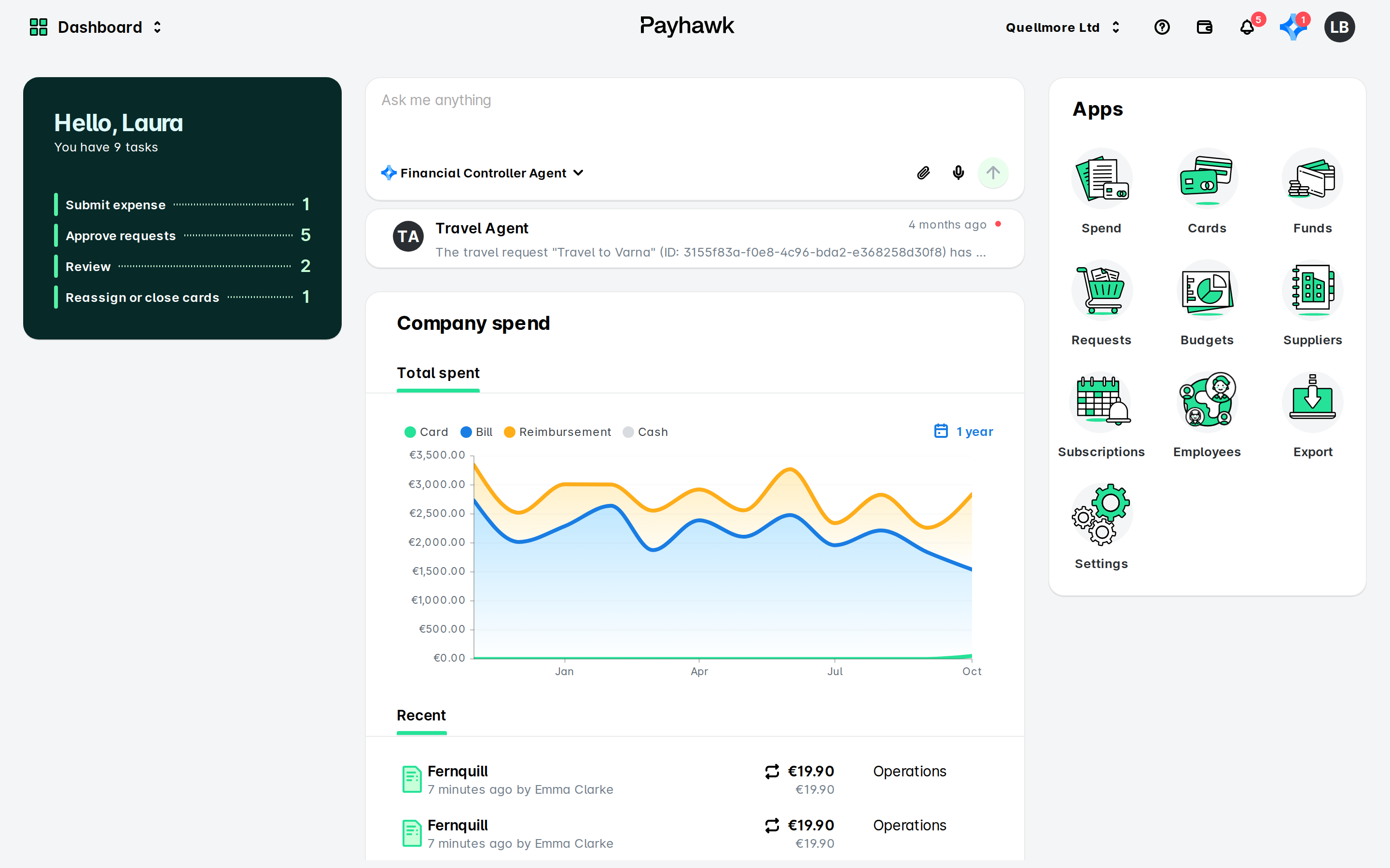 Payhawk Dashboard with the pending tasks card including Reassign or close cards, the agent box, the Company spend chart and the Apps grid.