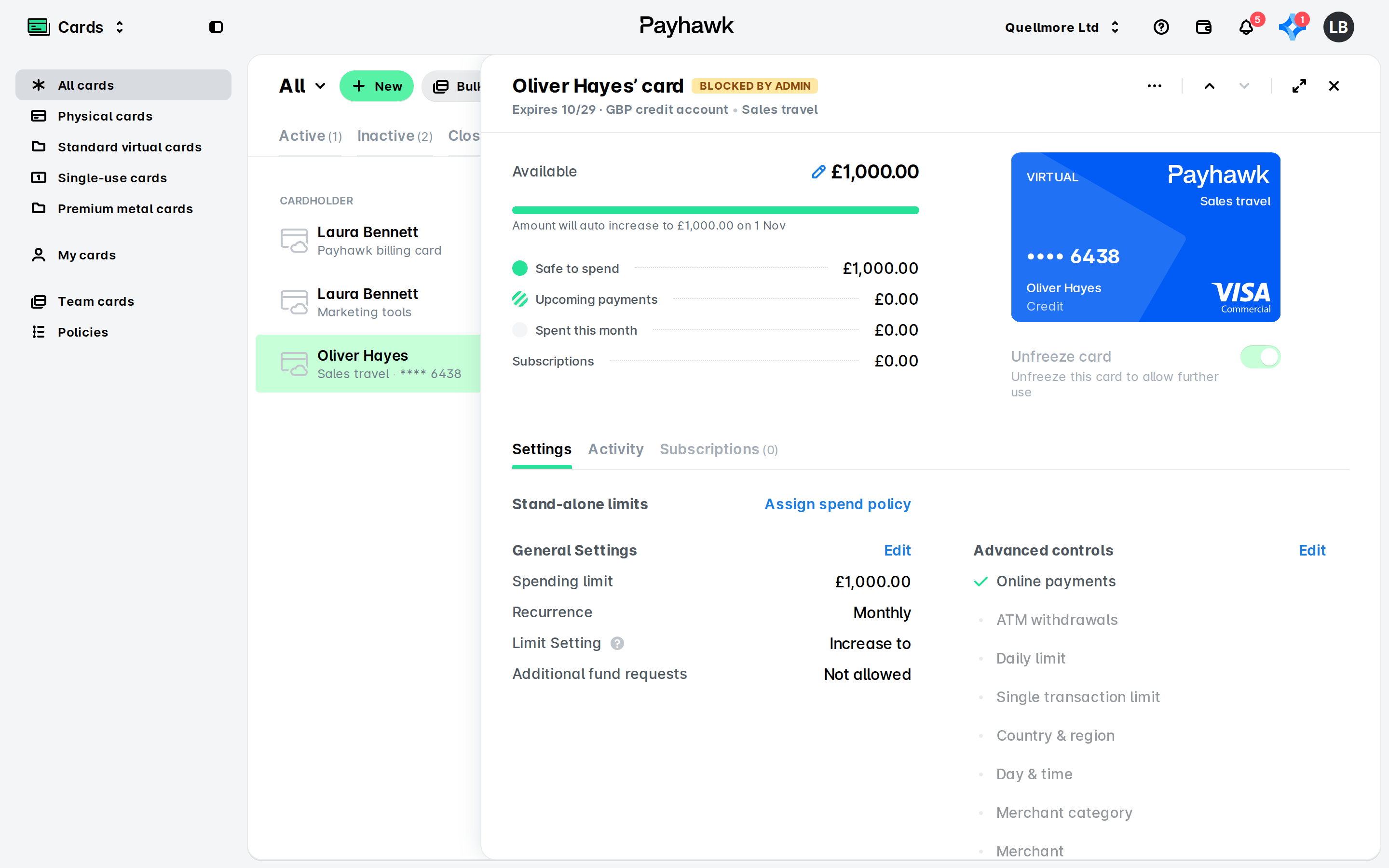 Payhawk Cards page with Oliver Hayes' virtual card open in a side panel, showing available balance, card image and Settings tab limits.