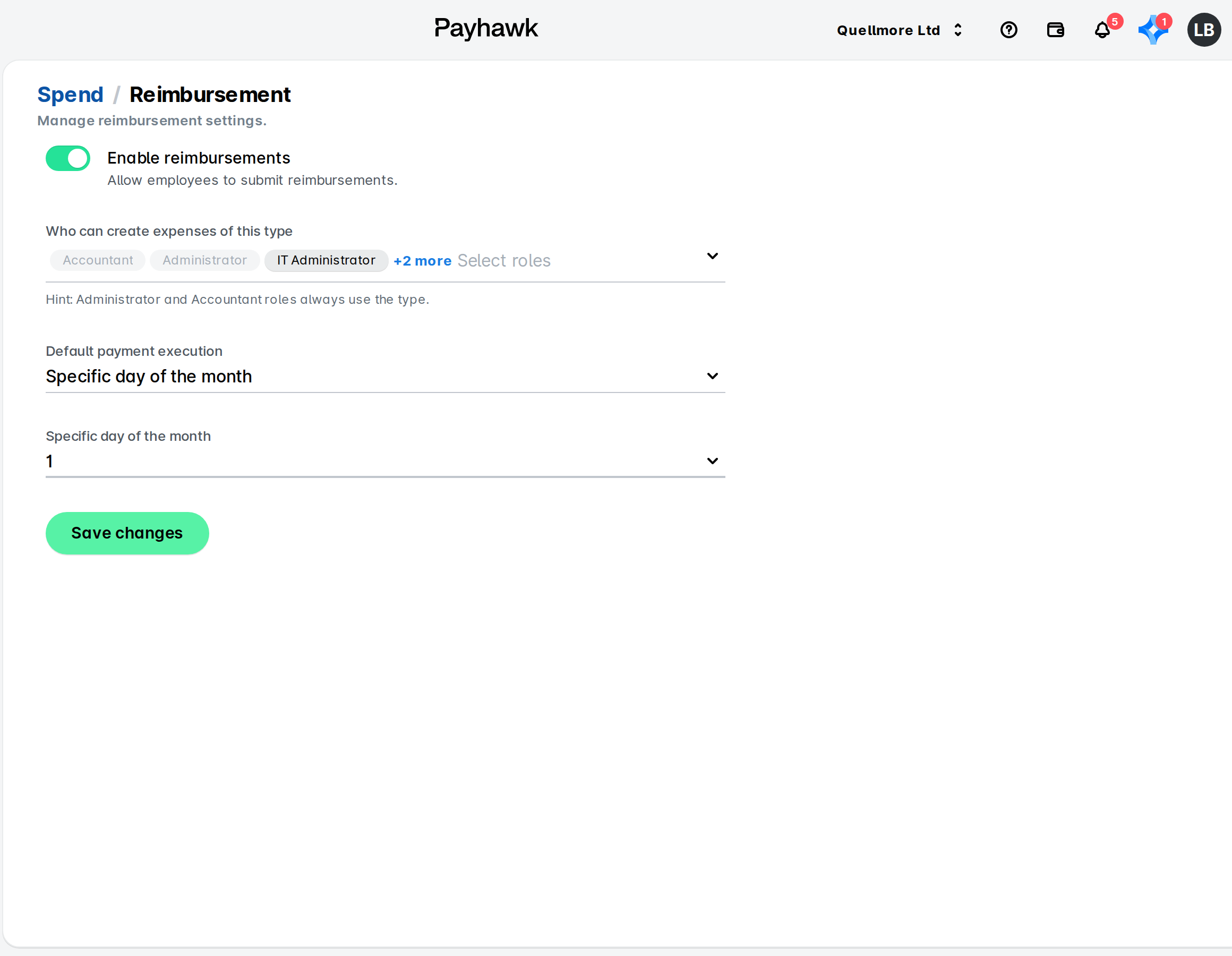 Payhawk reimbursement settings with the reimbursements toggle on, role selection, default payment execution, day of the month and Save changes.