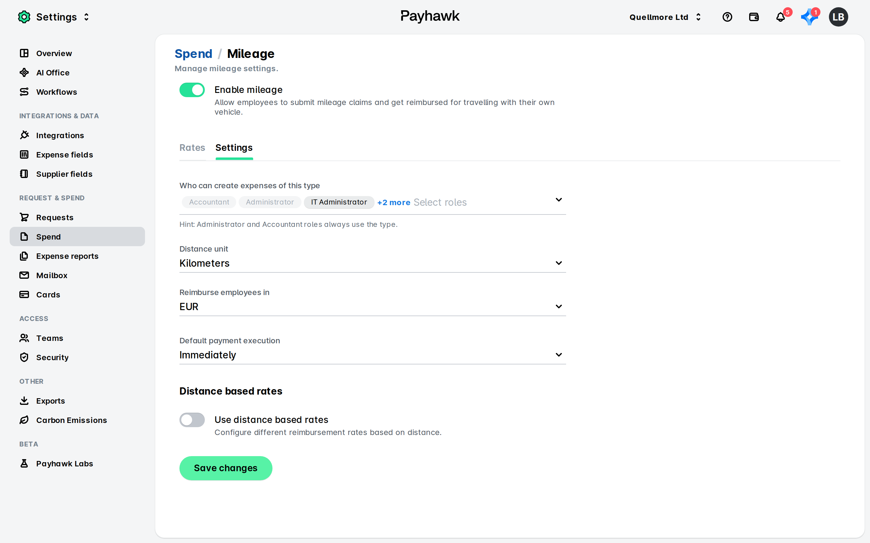 Payhawk Settings, Spend > Mileage page with the Enable mileage toggle on and the Settings tab showing roles, distance unit and currency.